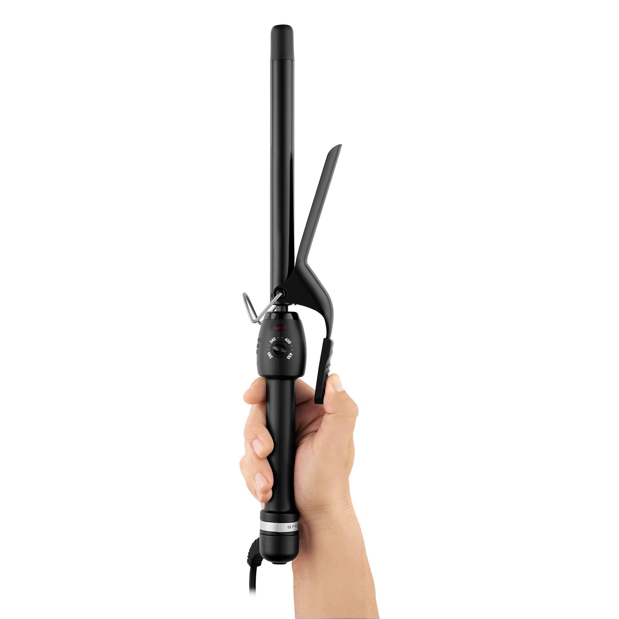 Left. StyleCraft - Stay-Temp Black Gold Ceramic Extended Barrel Curling Iron (3/4-inch) - Black.