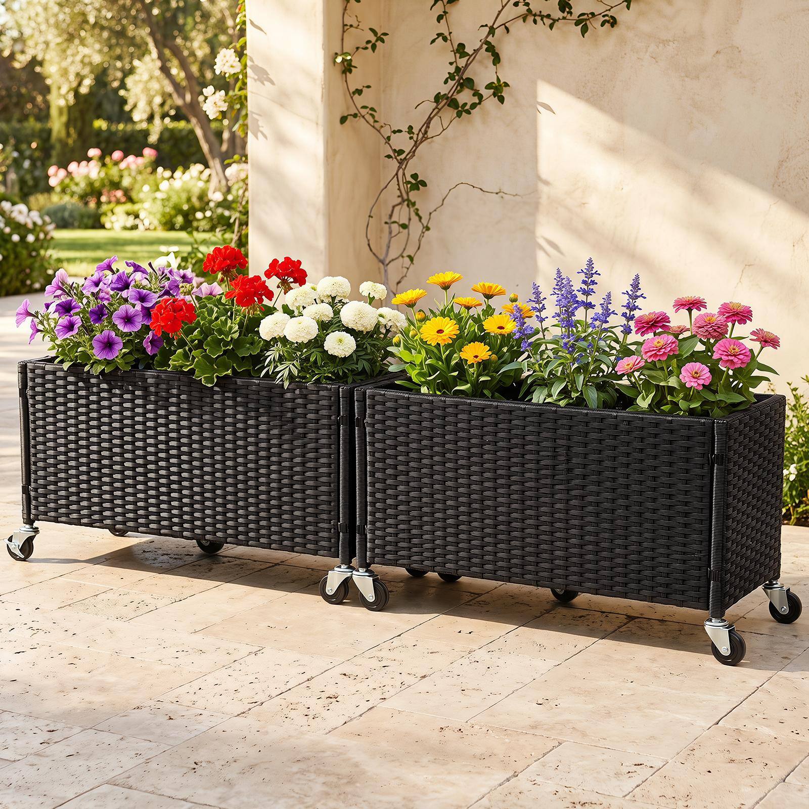 Alt View 1. Costway - Costway Raised Garden Bed with Lockable Wheels, PE Rattan, Liner Fabric for Flower - Black.