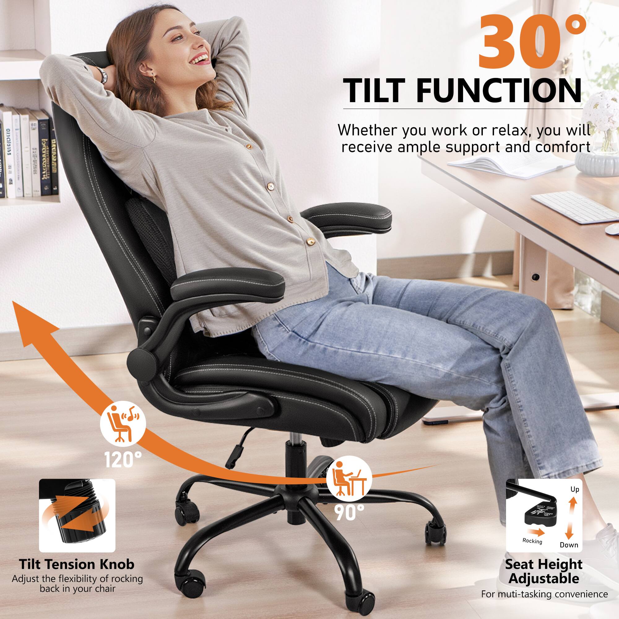 **30° TILT FUNCTION**

Whether you work or relax, you will receive ample support and comfort.

**120°**

**90°**

**Tilt Tension Knob**
Adjust the flexibility of rocking back in your chair.

**Seat Height Adjustable**
For multi-tasking convenience.