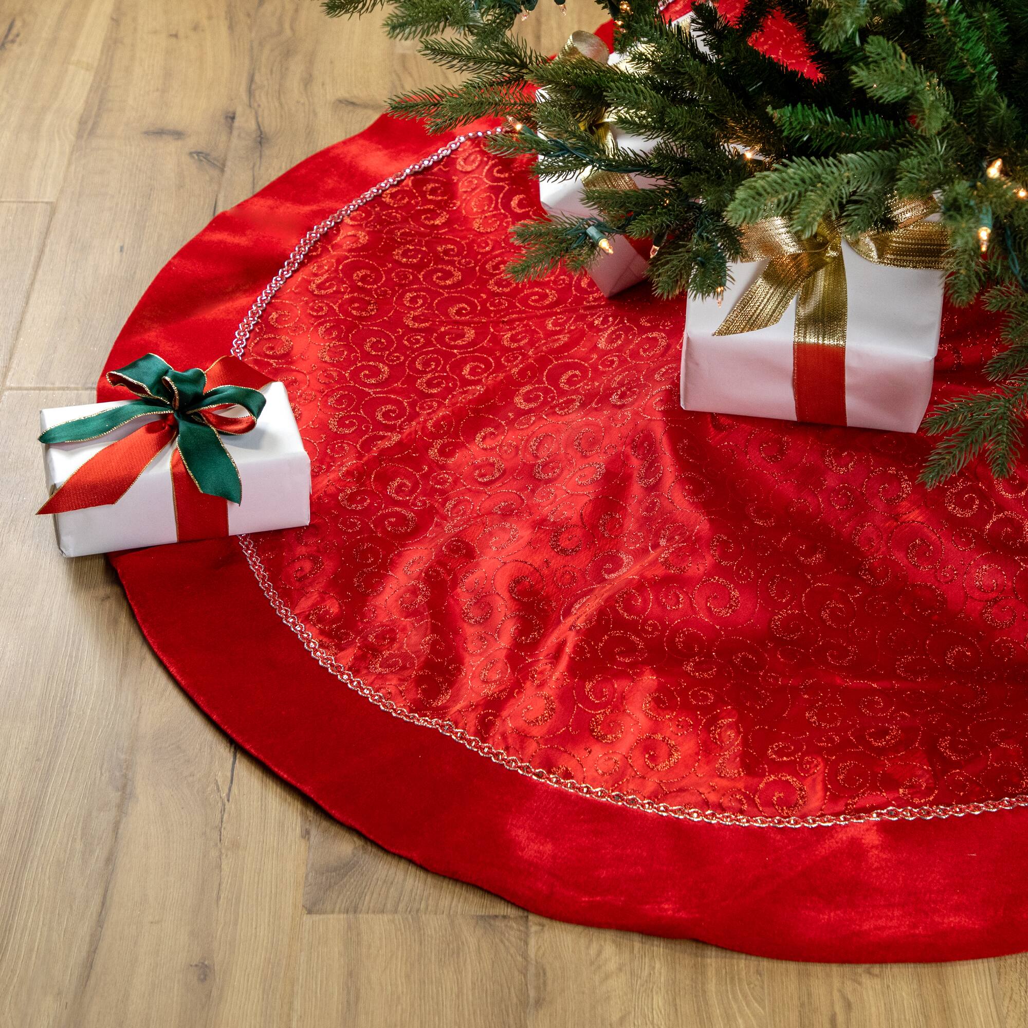 Front. Northlight - 48" Red Glittered Swirl Christmas Tree Skirt - Red.