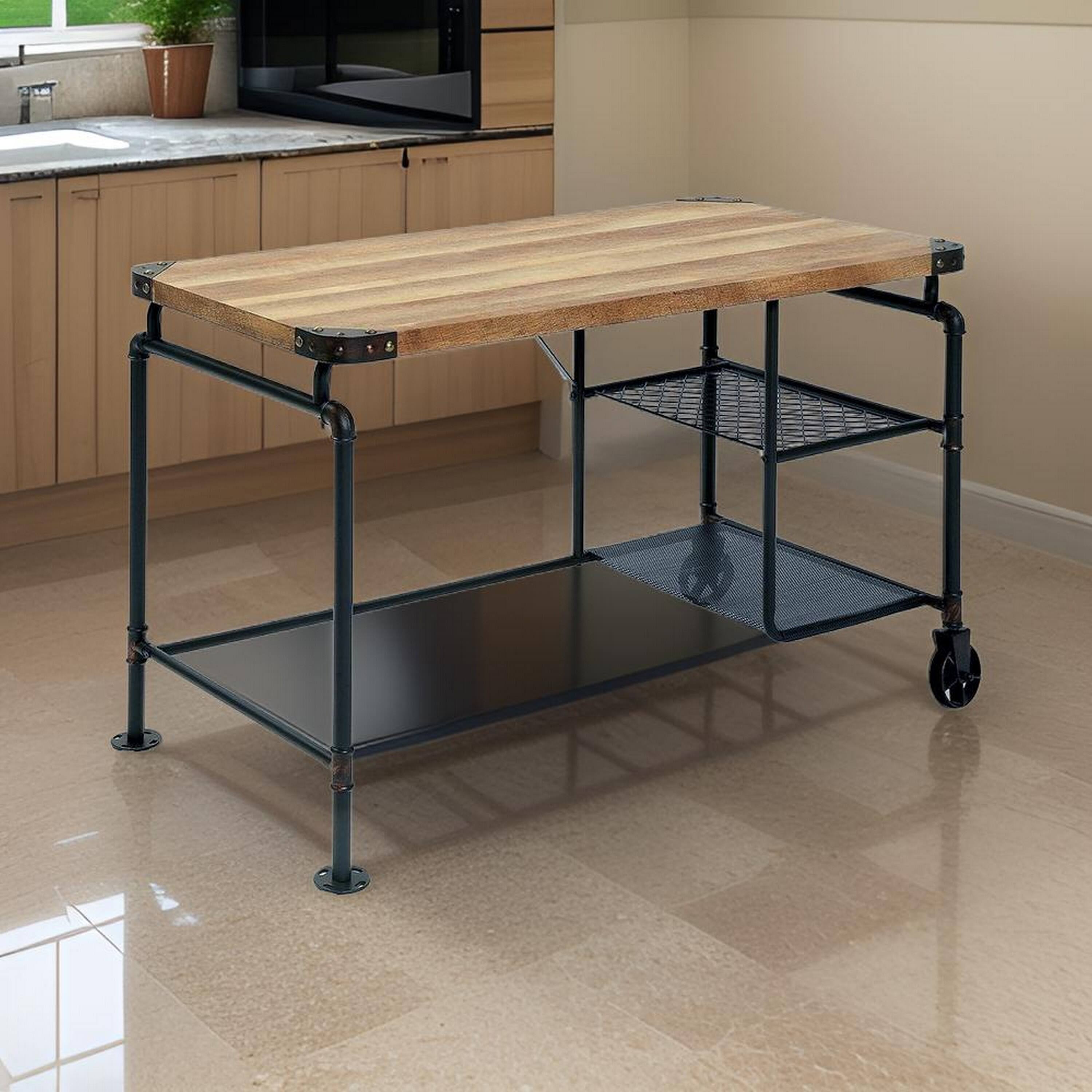 Alt View 2. Manhattan Lane - 47 Inch Writing Desk, Industrial Caster Wheel, Black Metal, Brown Wood - Black, Brown.