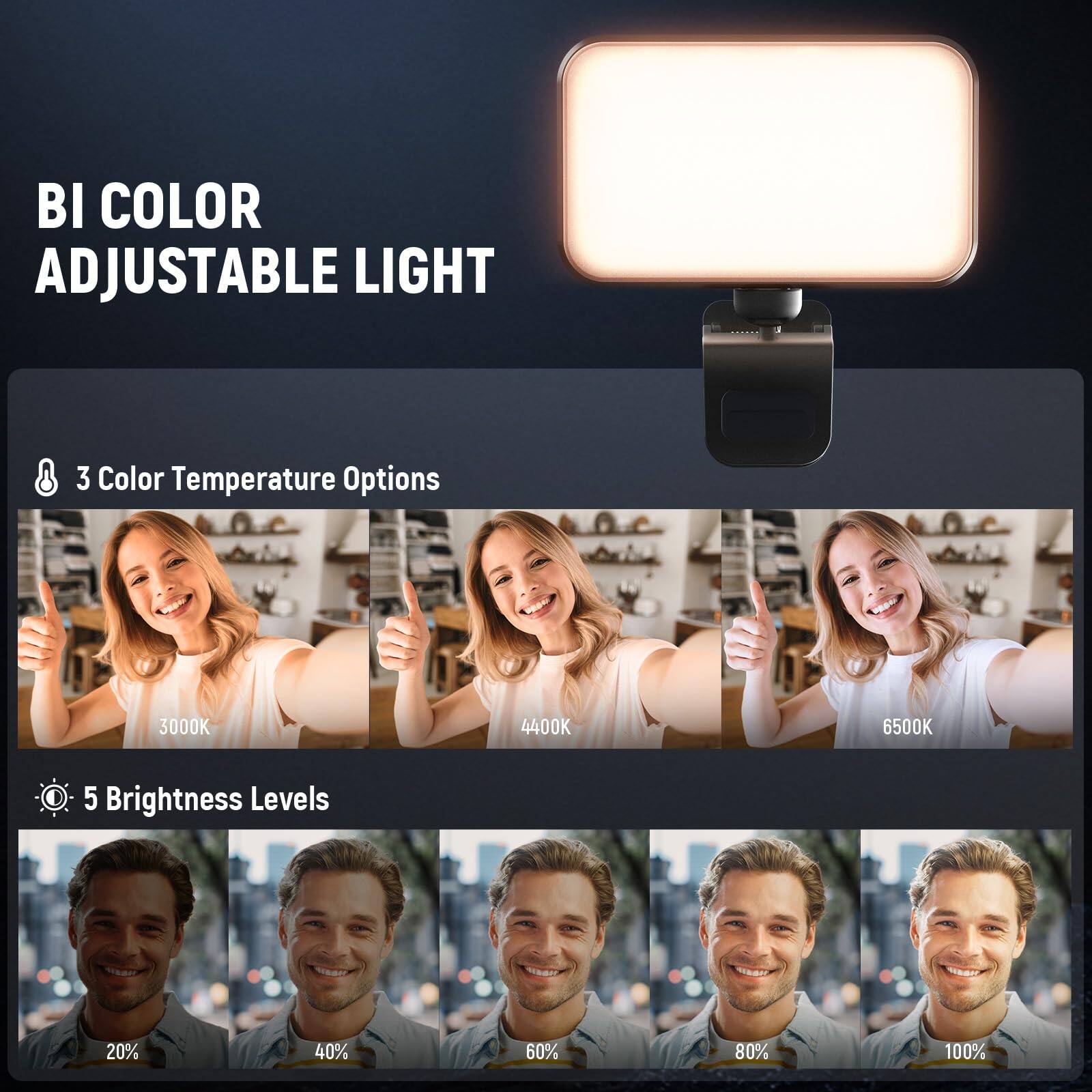 BI COLOR ADJUSTABLE LIGHT

3 Color Temperature Options: 3000K, 4400K, 6500K

5 Brightness Levels: 20%, 40%, 60%, 80%, 100%