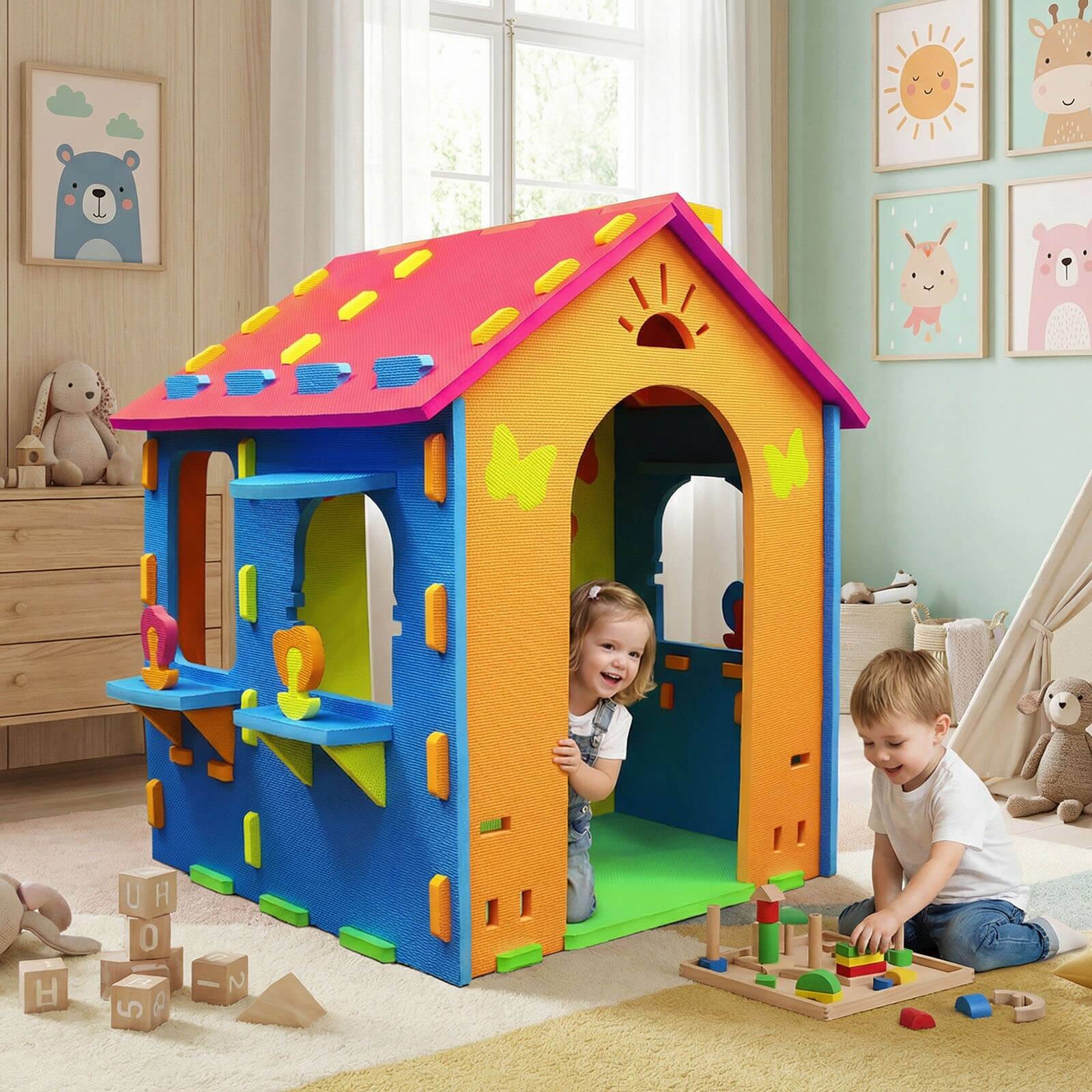 Alt View 3. Costway - Costway Kids EVA Foam Playhouse with Roof, Chimney, Windows & Doorways for Creative Play - Multicolor.