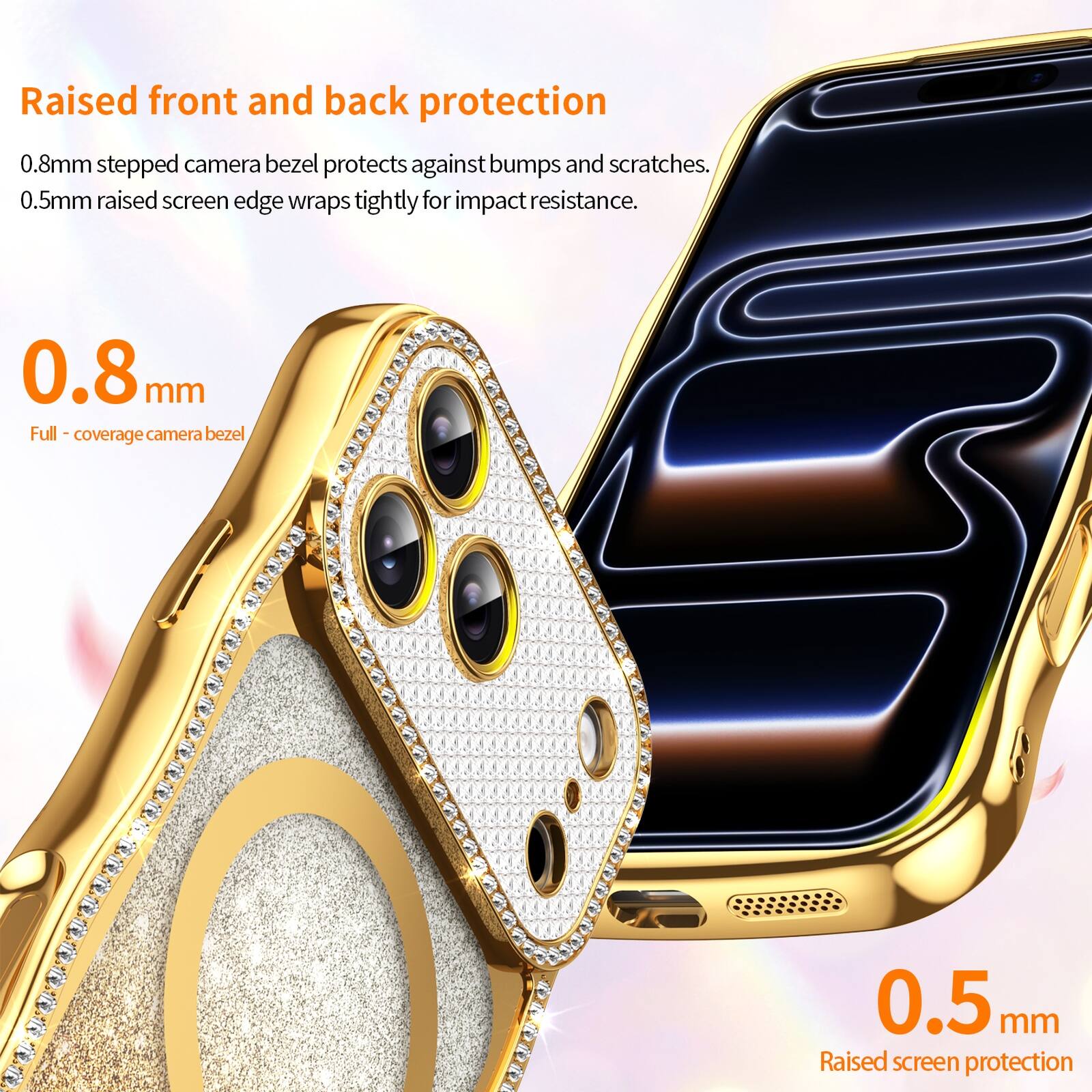 Raised front and back protection  
0.8mm stepped camera bezel protects against bumps and scratches.  
0.5mm raised screen edge wraps tightly for impact resistance.  

0.8mm Full-coverage camera bezel  
0.5mm Raised screen protection