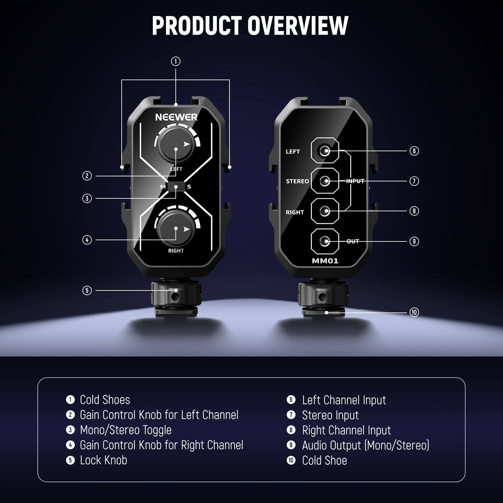 PRODUCT OVERVIEW

1. Cold Shoes
2. Gain Control Knob for Left Channel
3. Mono/Stereo Toggle
4. Gain Control Knob for Right Channel
5. Lock Knob
6. Left Channel Input
7. Stereo Input
8. Right Channel Input
9. Audio Output (Mono/Stereo)
10. Cold Shoe