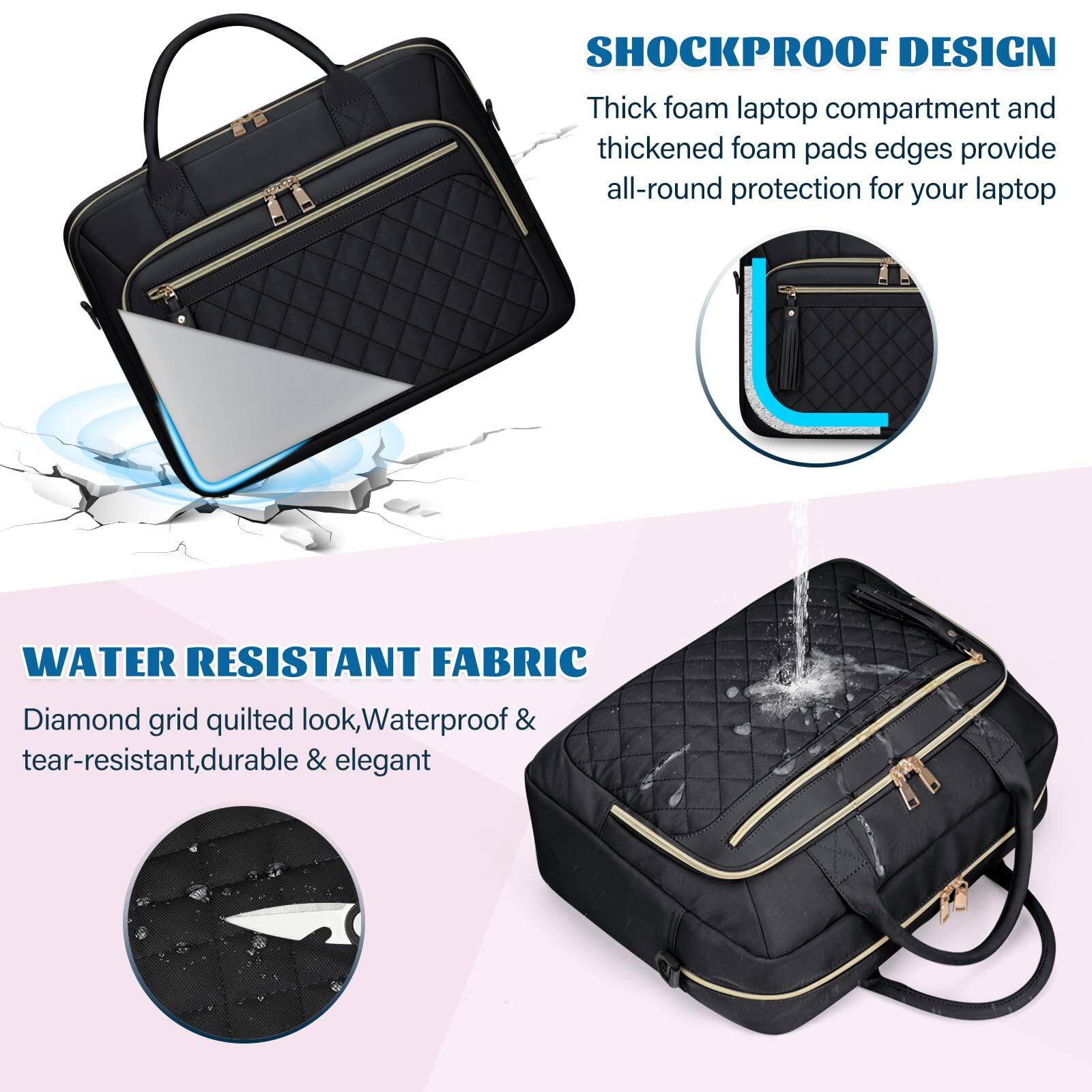 **SHOCKPROOF DESIGN**  
Thick foam laptop compartment and thickened foam pads edges provide all-round protection for your laptop

**WATER RESISTANT FABRIC**  
Diamond grid quilted look, Waterproof & tear-resistant, durable & elegant