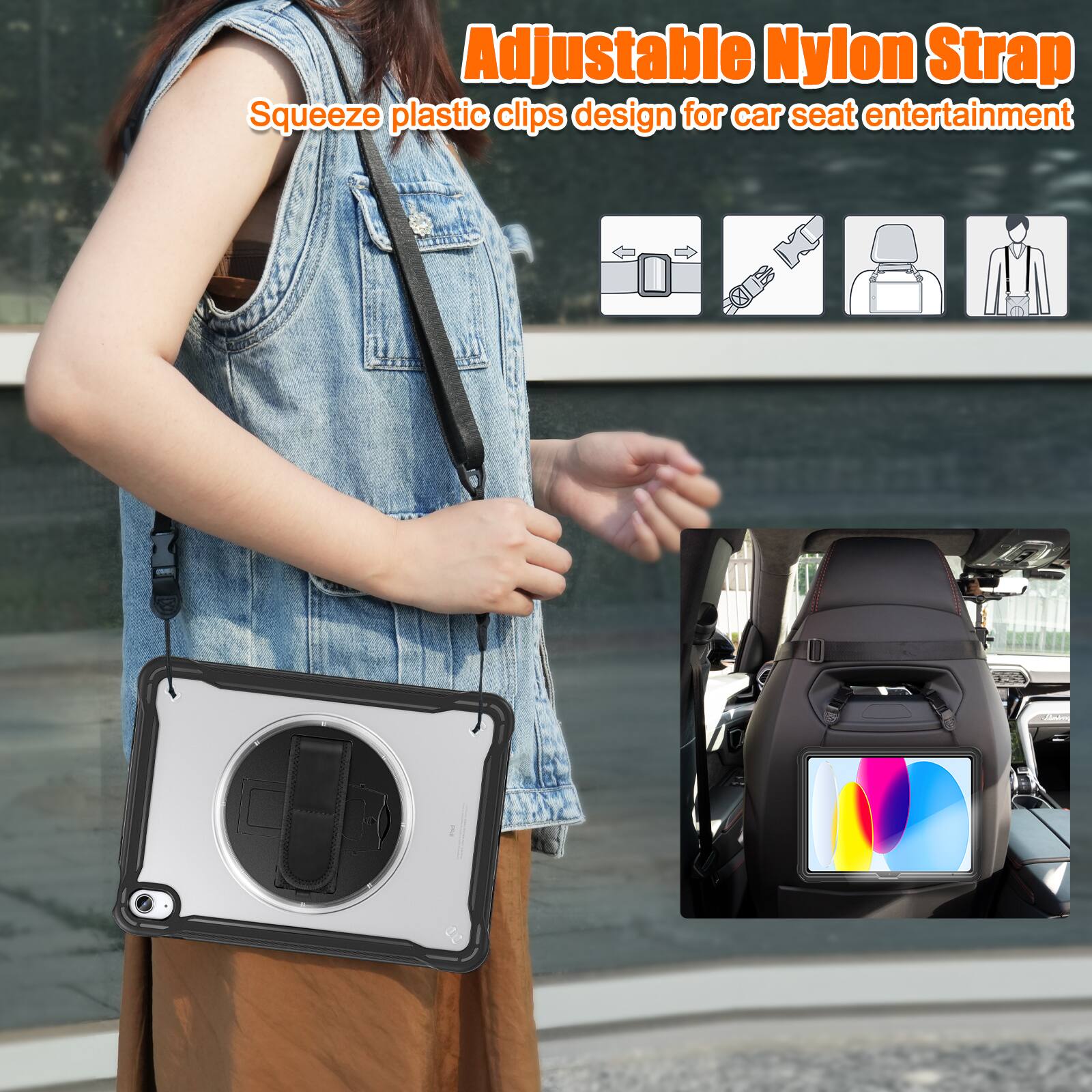 Adjustable Nylon Strap  
Squeeze plastic clips design for car seat entertainment
