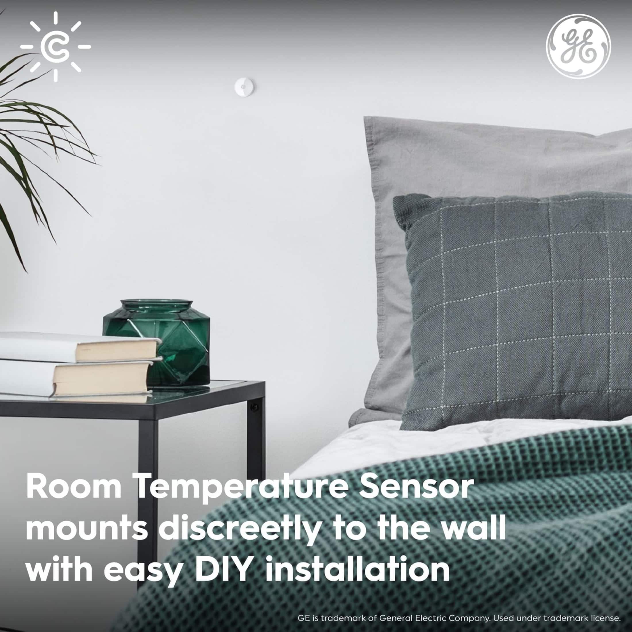 The text on the image reads: "Room Temperature Sensor mounts discreetly to the wall with easy DIY installation."