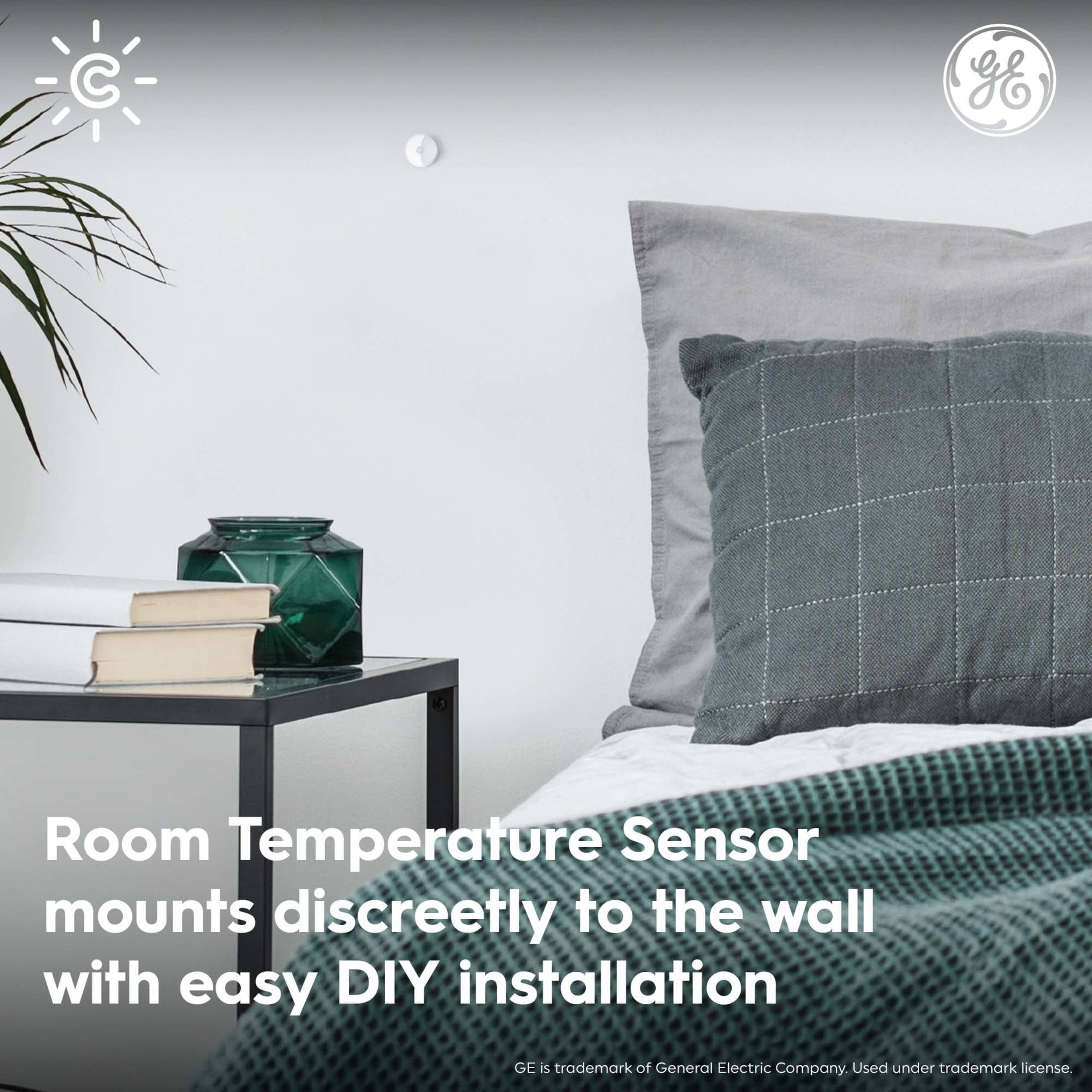 The text on the image reads: "Room Temperature Sensor mounts discreetly to the wall with easy DIY installation."