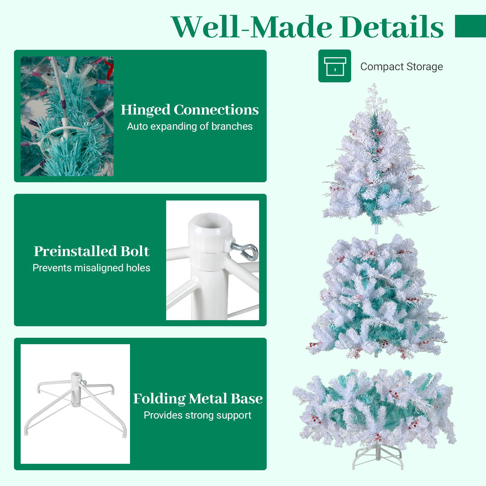 - Well-Made Details
  - Hinged Connections
    - Auto expanding of branches
  - Preinstalled Bolt
    - Prevents misaligned holes
  - Folding Metal Base
    - Provides strong support
  - Compact Storage