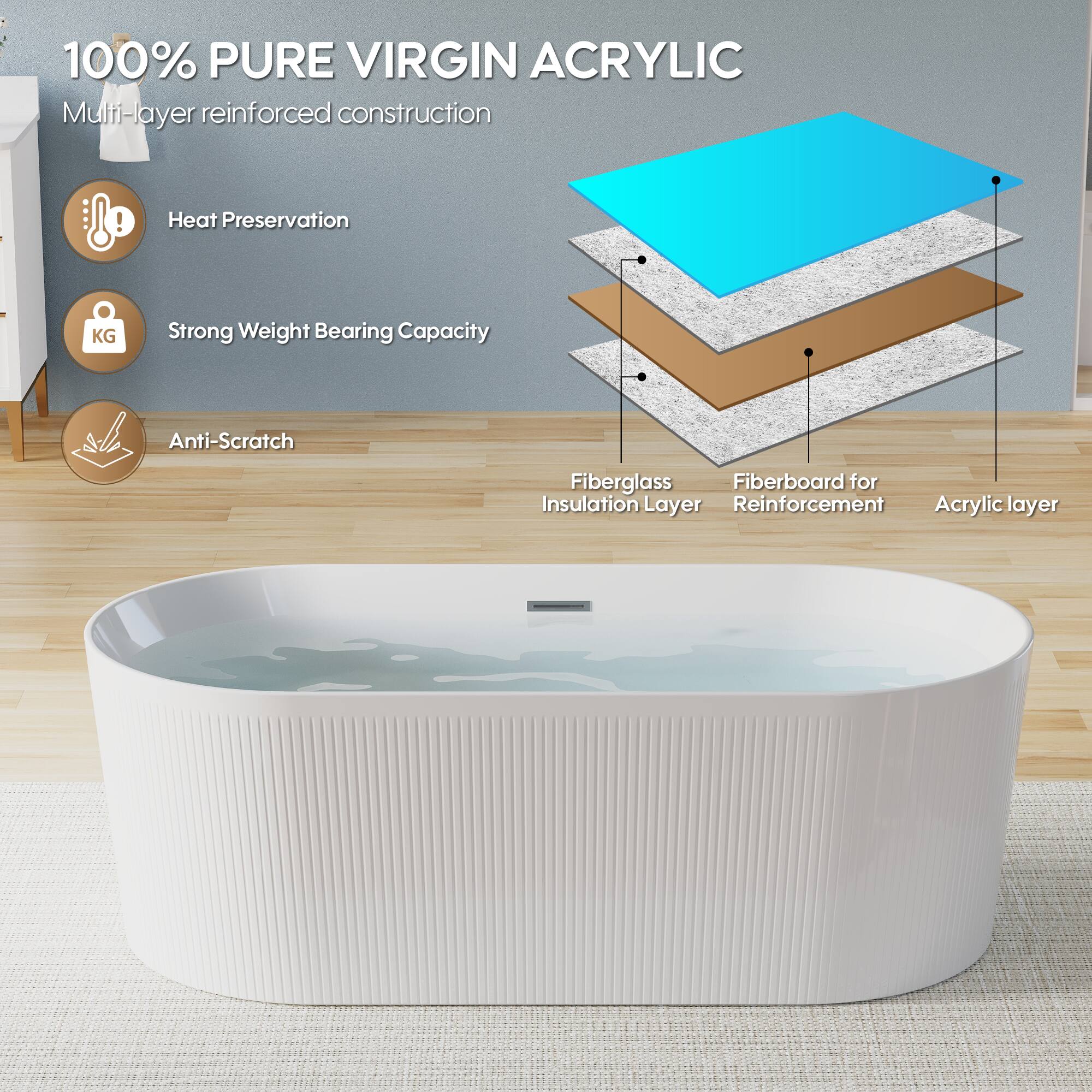 100% PURE VIRGIN ACRYLIC  
Multi-layer reinforced construction  
- Heat Preservation  
- Strong Weight Bearing Capacity  
- Anti-Scratch  

Fiberglass Insulation Layer  
Fiberboard for Reinforcement  
Acrylic layer