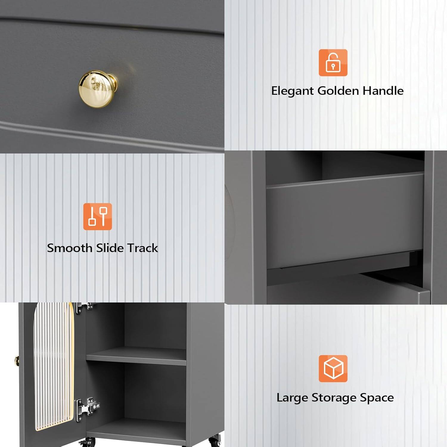- Elegant Golden Handle
- Smooth Slide Track
- Large Storage Space