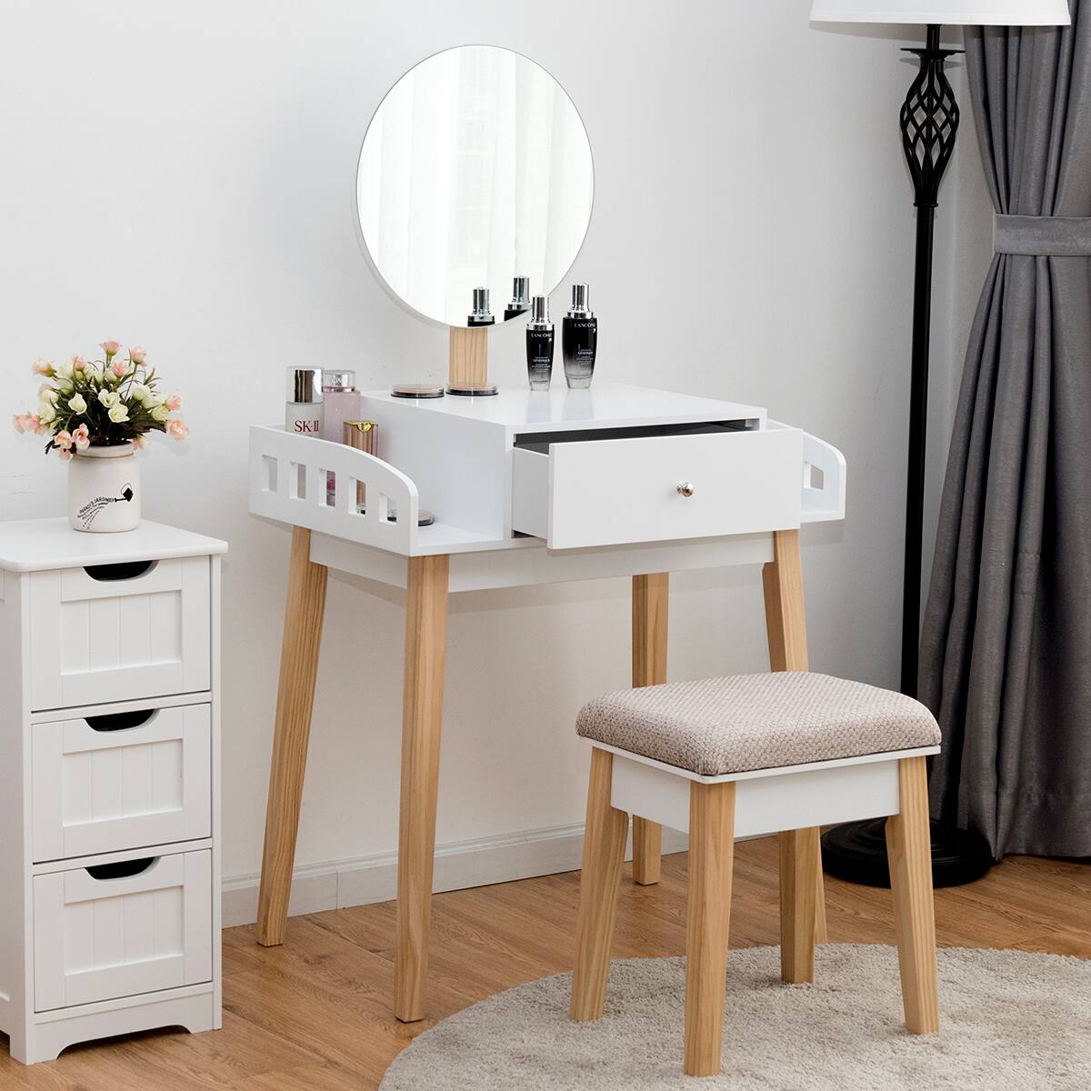 Alt View 3. Costway - Costway Wooden Vanity Makeup Dressing Table Stool Round w/Drawer - White,Natural.