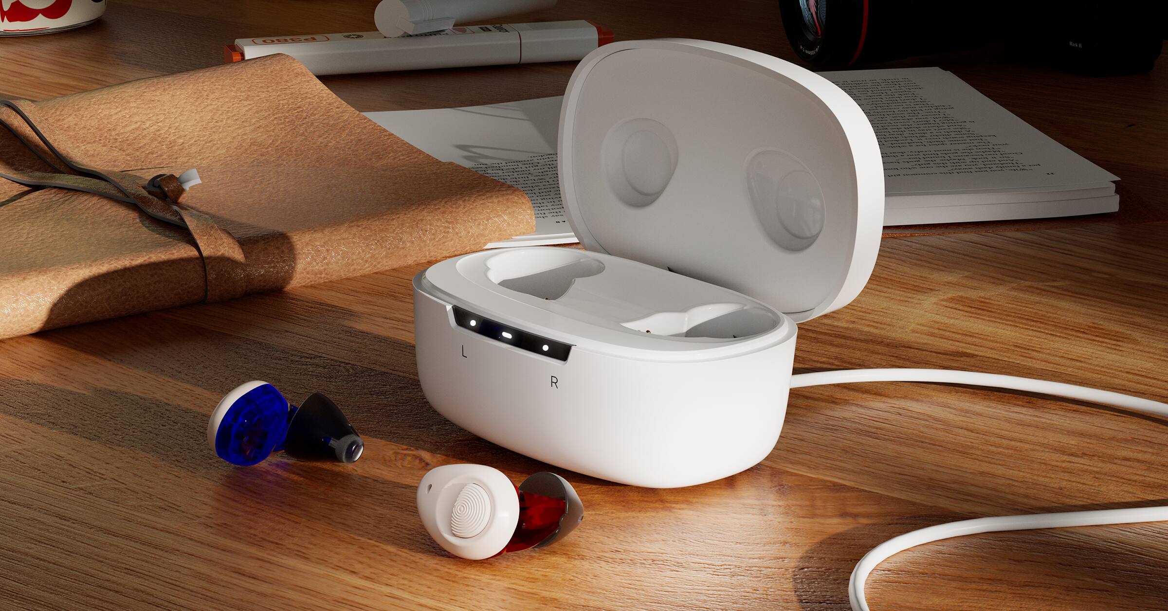 Alt View 7. Ceretone - Torch OTC Hearing Aids – Rechargeable, Wind Noise Reduction, 5 Preset Programs, Lightweight Design - The left is blue.The right is red..