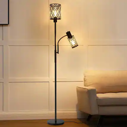 Front. Akoasm - Black 72 in.H Farmhouse Floor Lamp for Living Room with Adjustable Reading Lamp, 2 LED Bulbs.