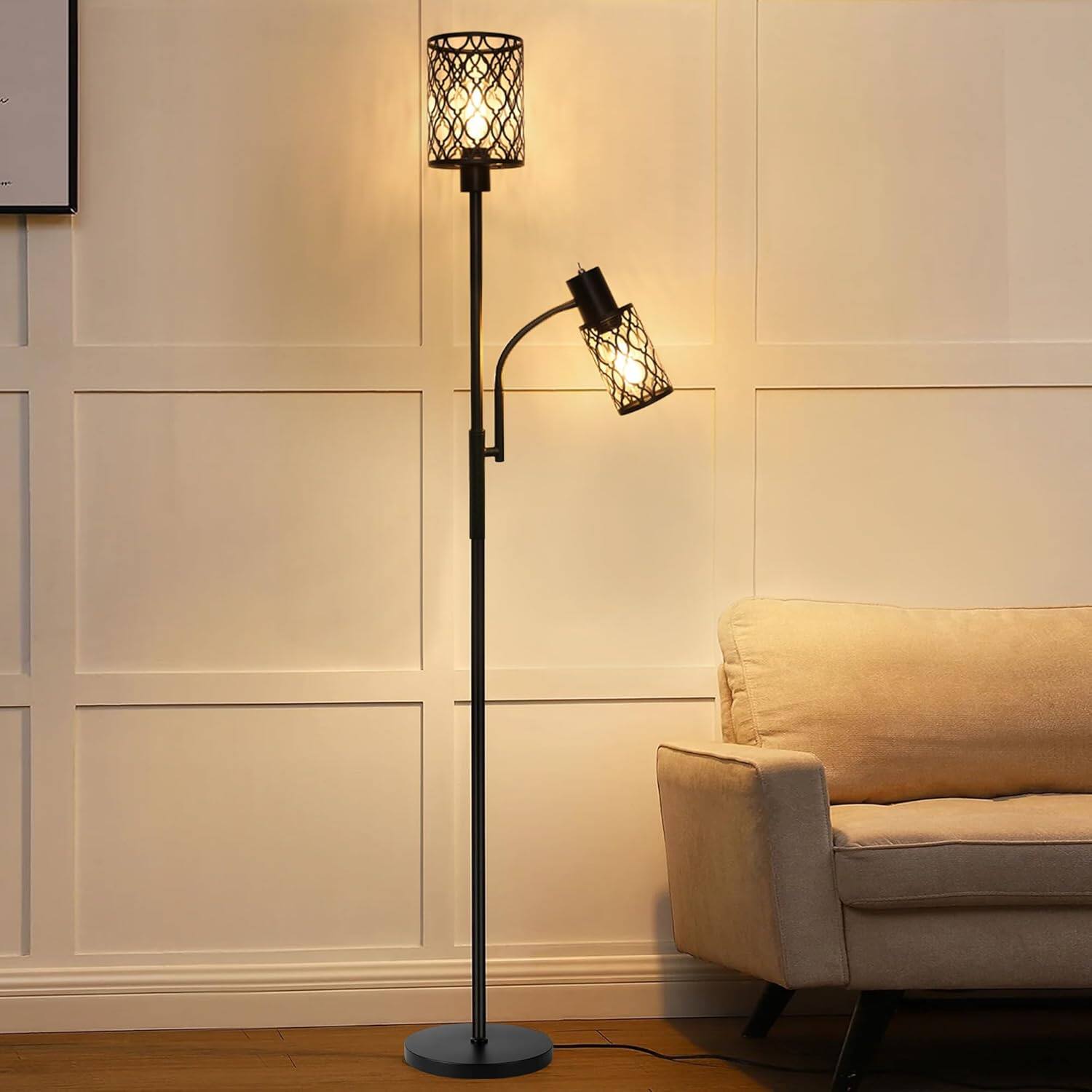 Front. Akoasm - Black 72 in.H Farmhouse Floor Lamp for Living Room with Adjustable Reading Lamp, 2 LED Bulbs.