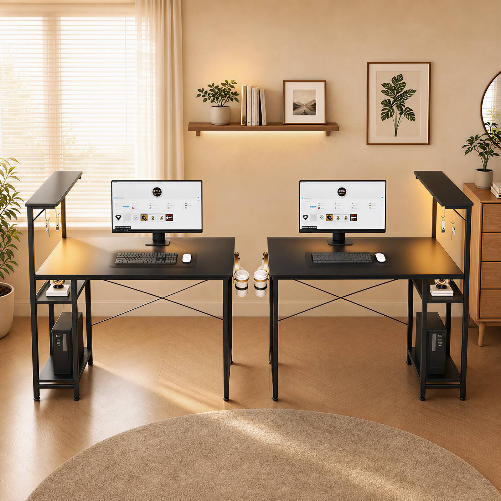 Alt View 3. Comhoma - RGB Office Desk Reversible Executive Desk 4-Tier Storage with LED Lighting,Hooks and Cup Holder - Black.