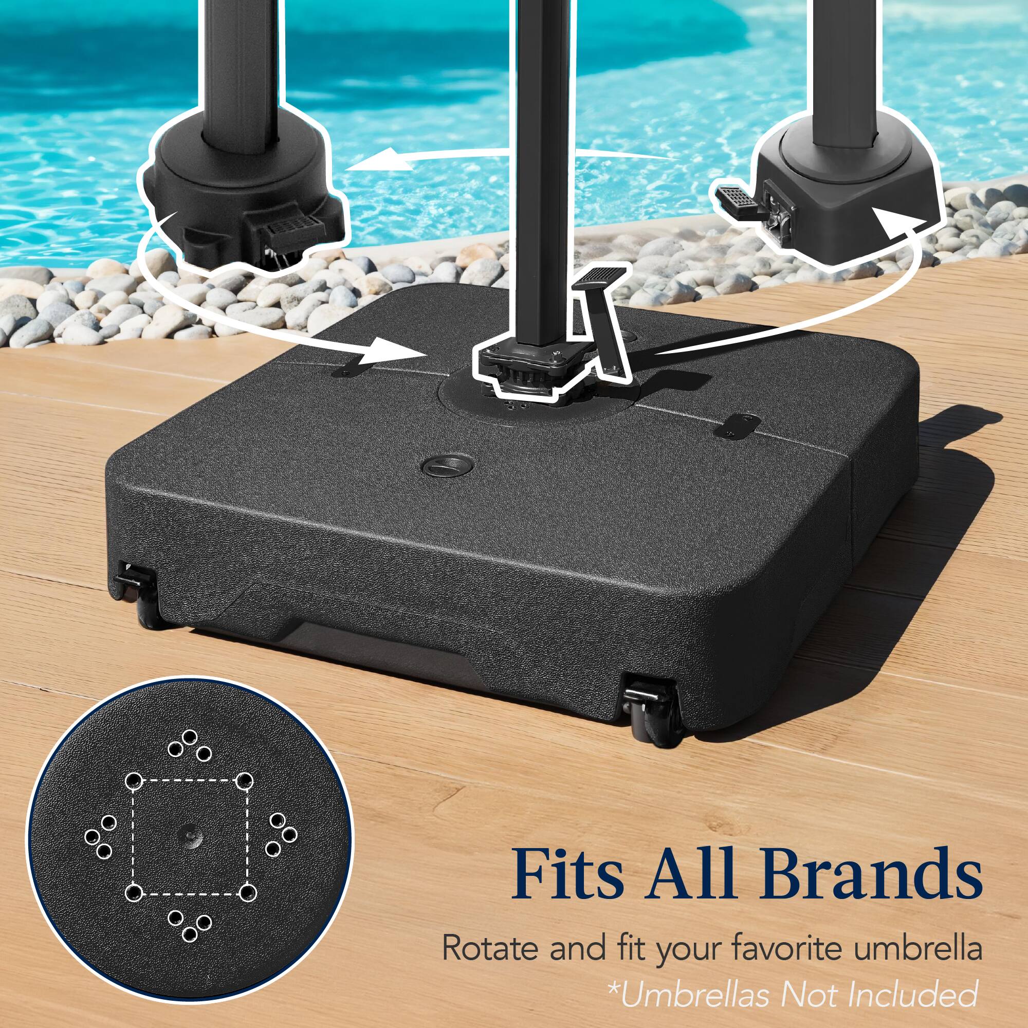 Fits All Brands. Rotate and fit your favorite umbrella. *Umbrellas Not Included.