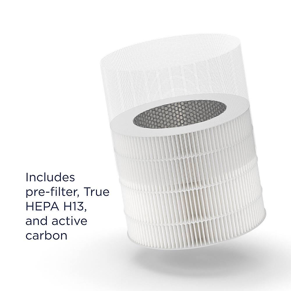The image features a white air purifier with a HEPA filter. The filter is designed to remove 99.97% of particles, including dust, pollen, smoke, and pet dander. The filter is made of a mesh-like structure, which allows for efficient airflow while capturing particles. The air purifier also includes a pre-filter and an active carbon filter, which can help remove odors and further improve air quality.
