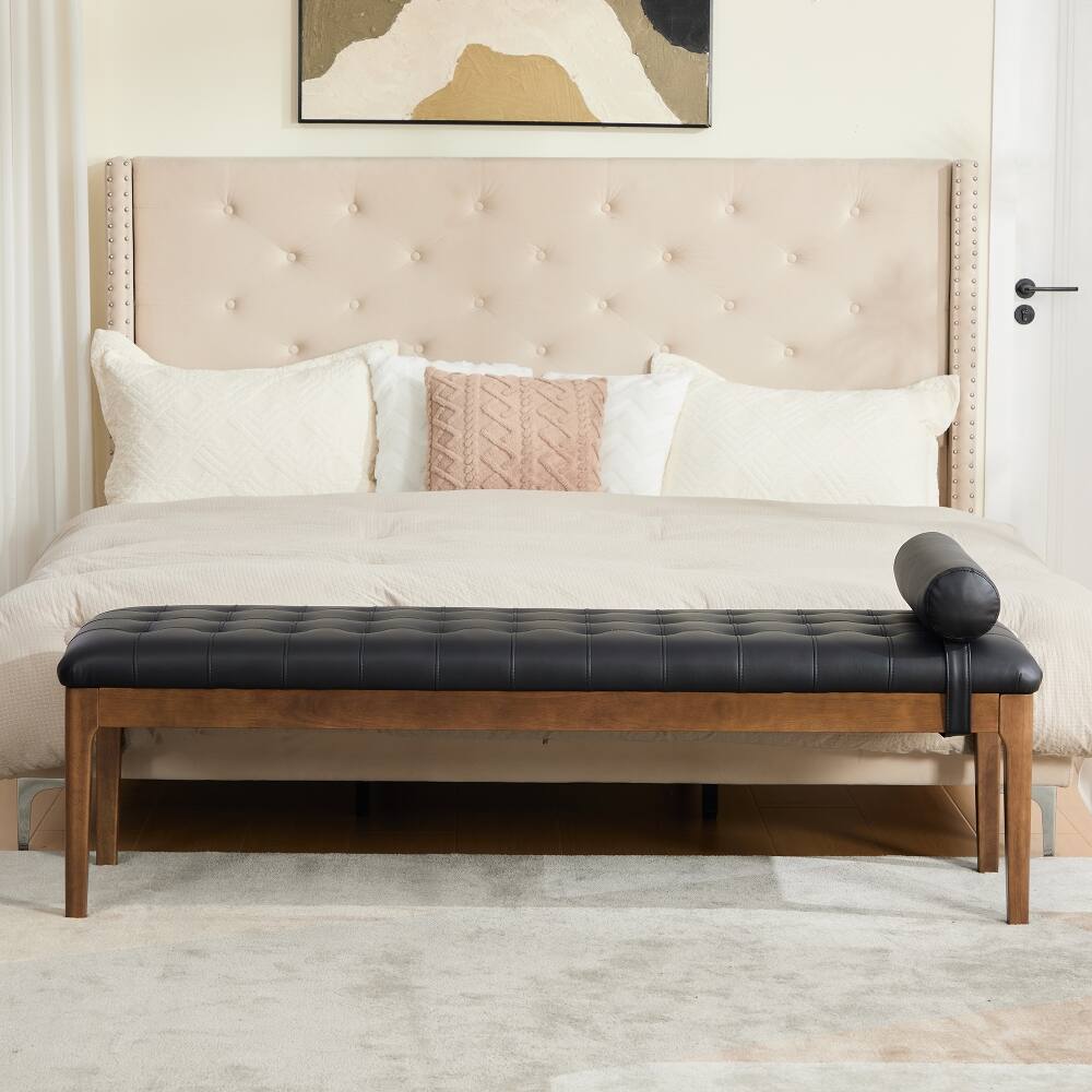 Back. Ropilly - Ropilly 66 Inch Black Faux Leather End of Bed Bench, Button Tufted Upholstered Entryway Shoe Bench with Wood Legs - Black.
