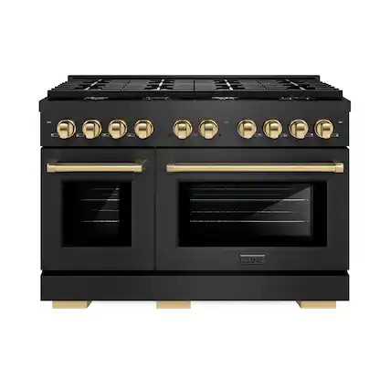 Front. ZLINE - 48 in. Wide 8 Burner Autograph 6.7 cu. ft. Double Oven Freestanding Gas Range with Gold Accents - Black Satin Stainless Steel.