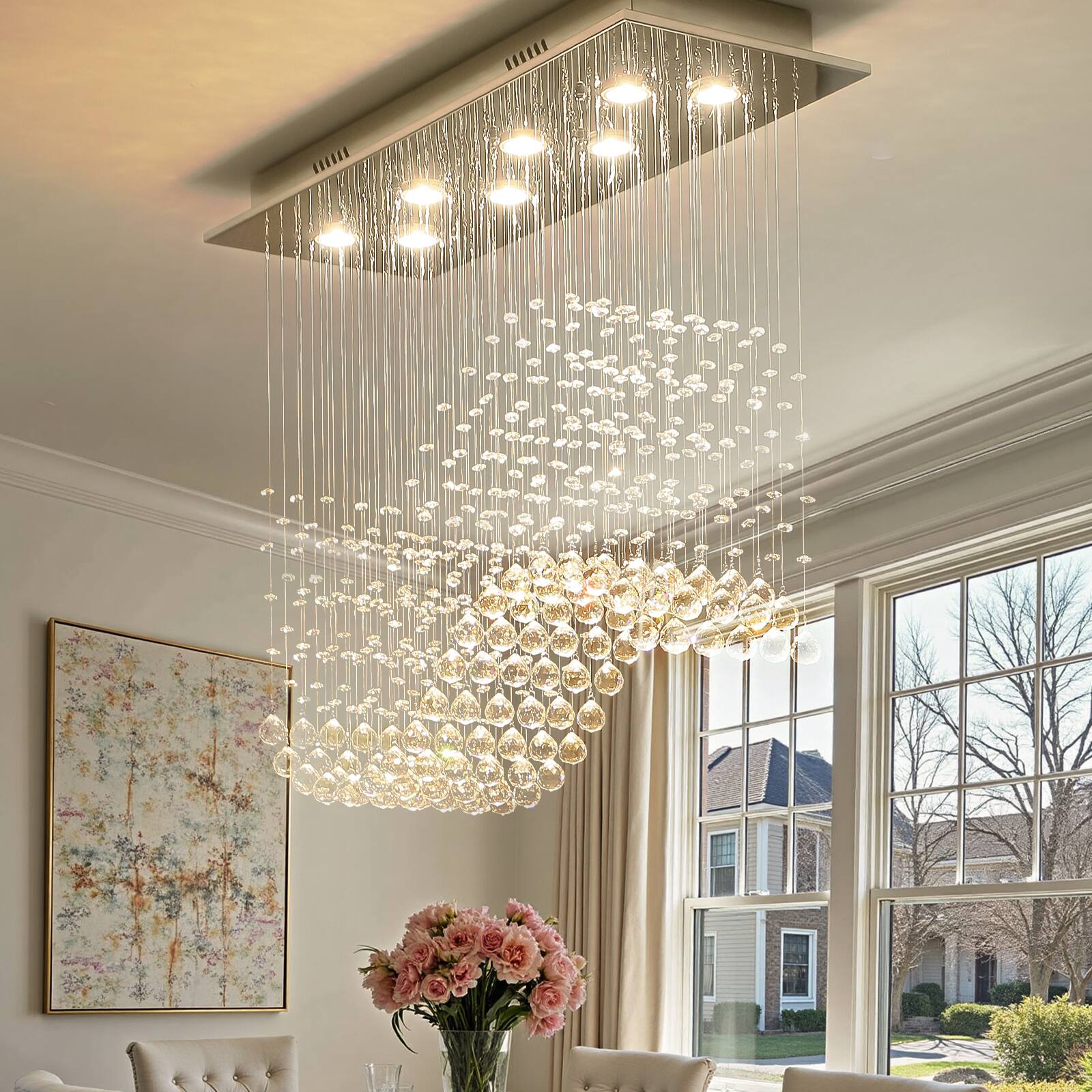 Alt View 8. Siljoy - 8-Light Modern Flush Mount Wave Raindrop Rectangular Crystal Chandelier for Dining/Living/Kitchen - Golden.