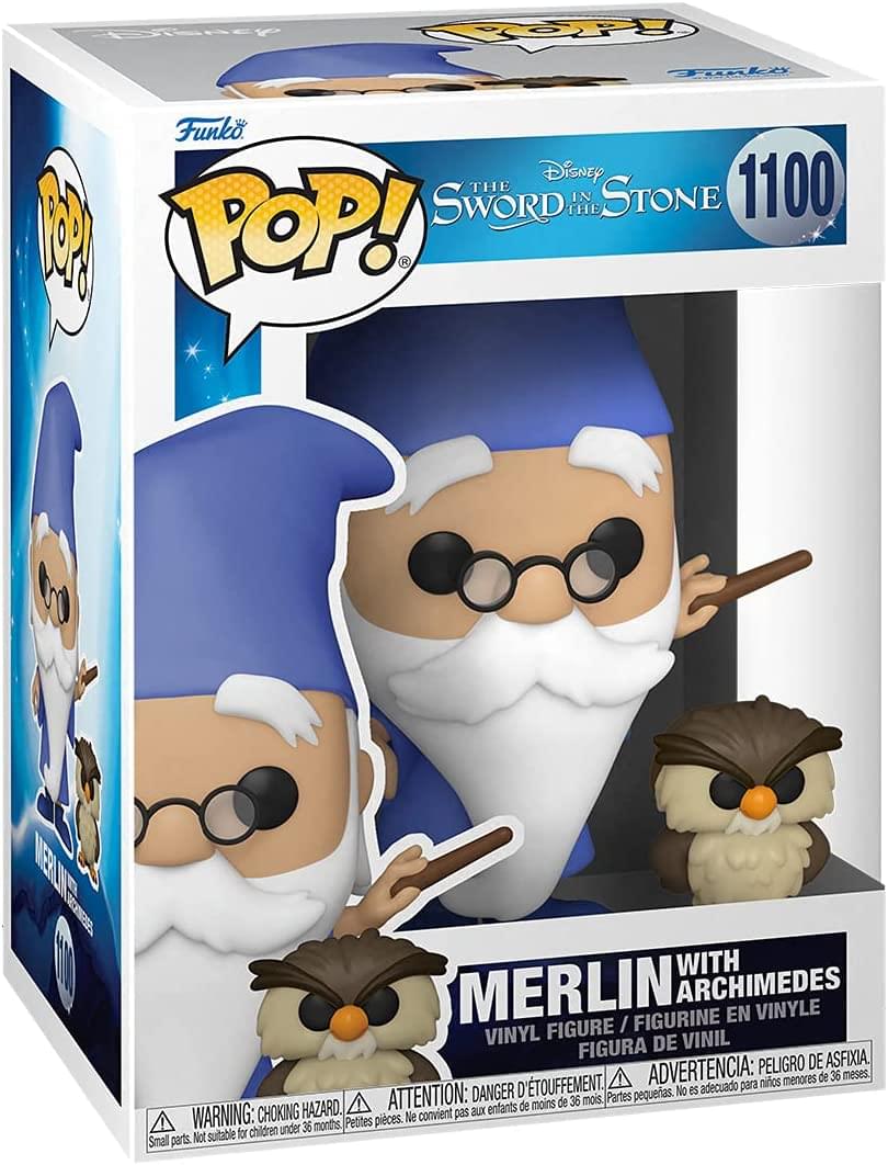 Sure, here is the corrected and grouped text from the image:

---

**Top Left:**
- Funko
- POP!

**Top Center:**
- Disney
- The Sword in the Stone

**Top Right:**
- 1100

**Center:**
- POP!

**Bottom Center:**
- MERLIN WITH ARCHIMEDES
- VINYL FIGURE / FIGURINE EN VINYLE / FIGURA DE VINIL

**Bottom Left:**
- WARNING: CHOKING HAZARD. Small parts. Not suitable for children under 36 months.
- ATTENTION: DANGER DE PIÉGEMENT. Petites pièces. Ne convient pas aux enfants de moins de 36 mois.
- ADVERTENCIA: PELIGRO DE ASFIXIA. Partes pequeñas. No es adecuado para niños menores de 36 meses.

**Bottom Right:**
- Funko

---