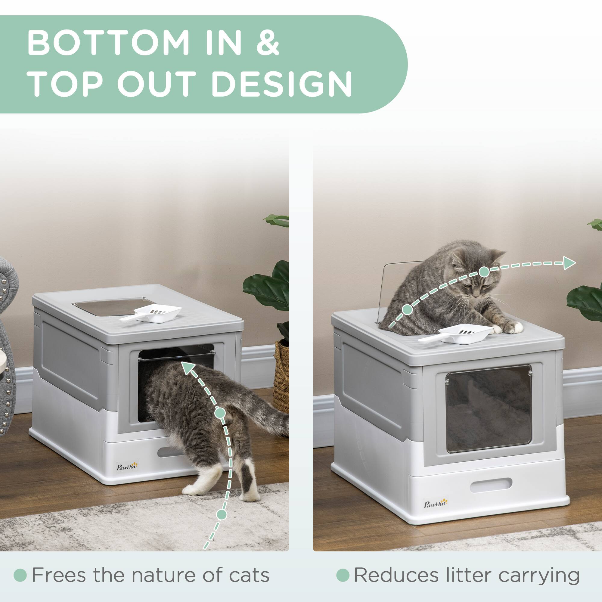 BOTTOM IN & TOP OUT DESIGN

- Frees the nature of cats
- Reduces litter carrying