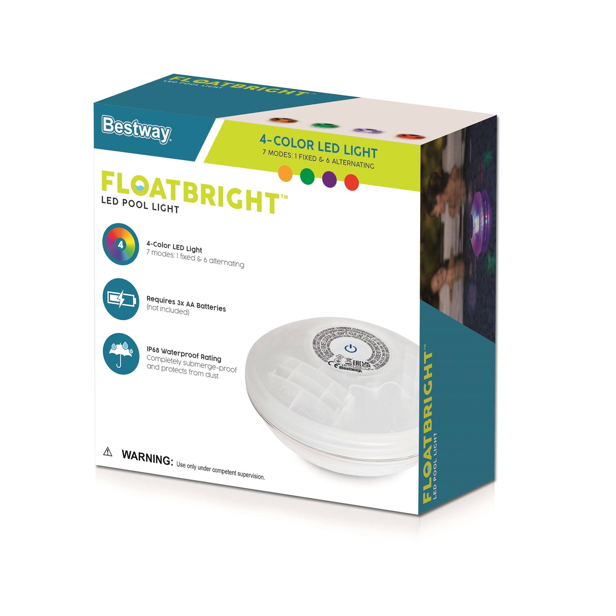 Bestway FLOATBRIGHT LED POOL LIGHT

4-COLOR LED LIGHT
7 MODES: 1 fixed & 6 alternating

4-Color LED Light
7 modes: 1 fixed & 6 alternating

Requires 3 x AA Batteries (not included)

IP68 Waterproof Rating
Completely submerge-proof and protects from dust

WARNING: Use only under competent supervision.
