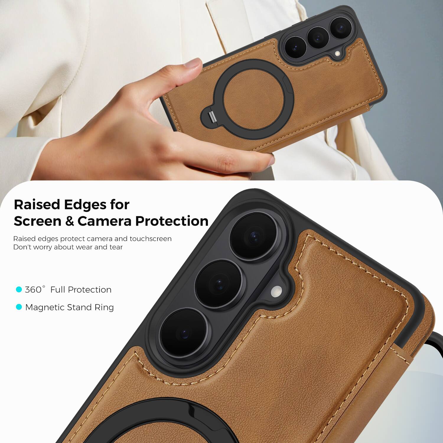 Raised Edges for Screen & Camera Protection  
Raised edges protect camera and touchscreen  
Don't worry about wear and tear  

360° Full Protection  
Magnetic Stand Ring