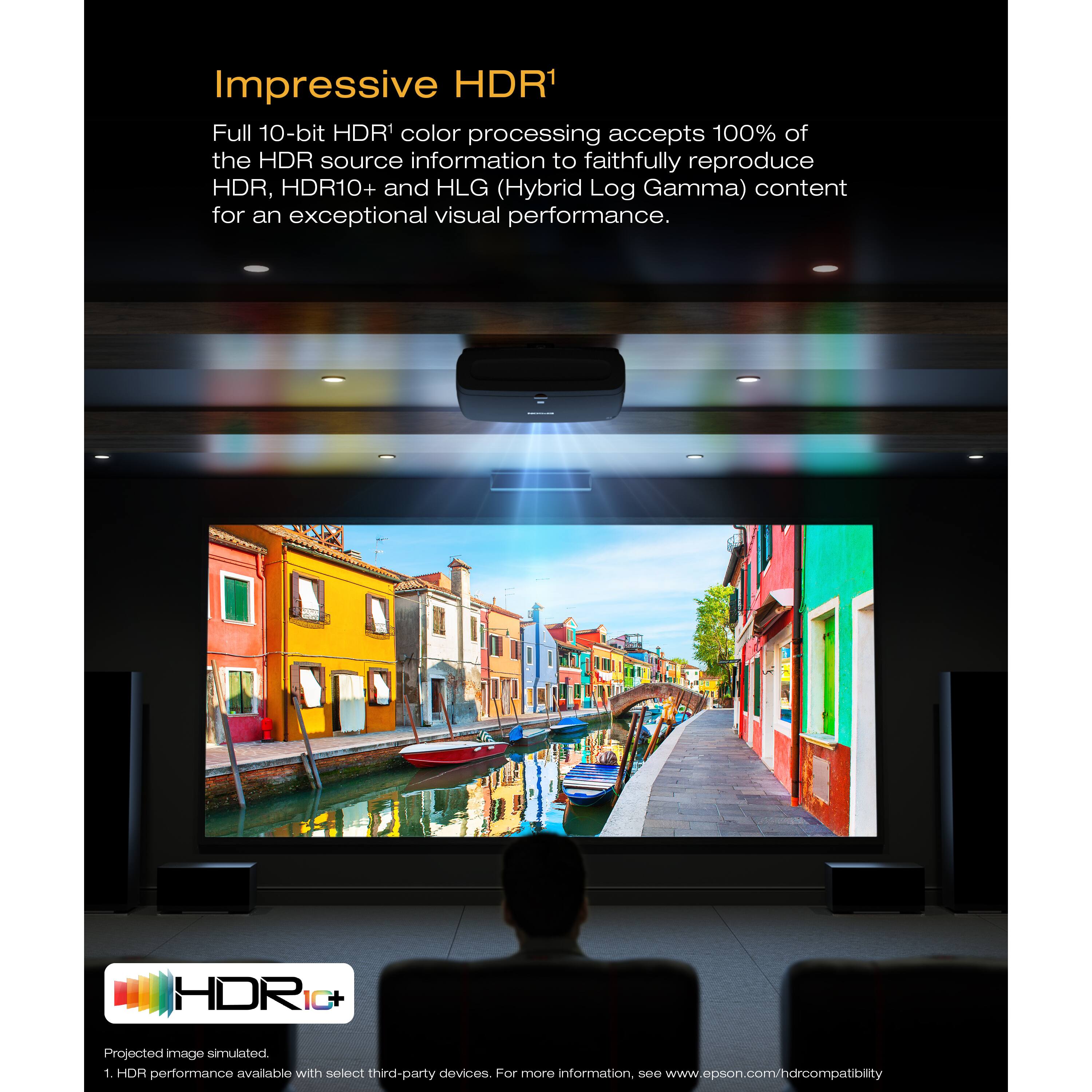 Impressive HDR1

Full 10-bit HDR1 color processing accepts 100% of the HDR source information to faithfully reproduce HDR, HDR10+ and HLG (Hybrid Log Gamma) content for an exceptional visual performance.

HDR 10+ Projected image simulated.

1. HDR performance available with select third-party devices.

For more information, see www.epson.com/hdrcompatibility