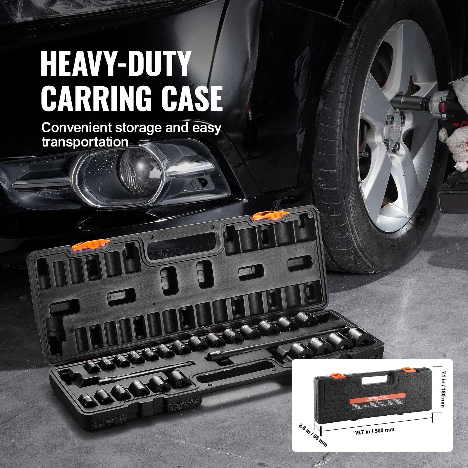 HEAVY-DUTY CARRING CASE Convenient storage and easy transportation 2.6 In/65 mm 19.7 in/500 mm