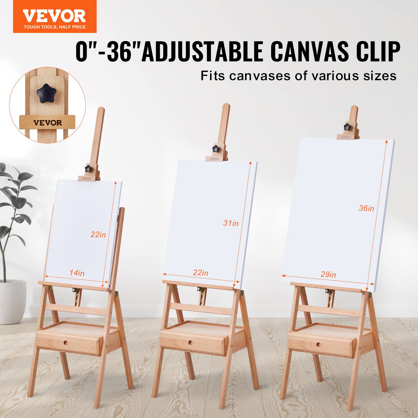 VEVOR  
TOUGH TOOLS, HALF PRICE  

0" - 36" ADJUSTABLE CANVAS CLIP  
Fits canvases of various sizes  

22in x 14in  
31in x 22in  
36in x 29in