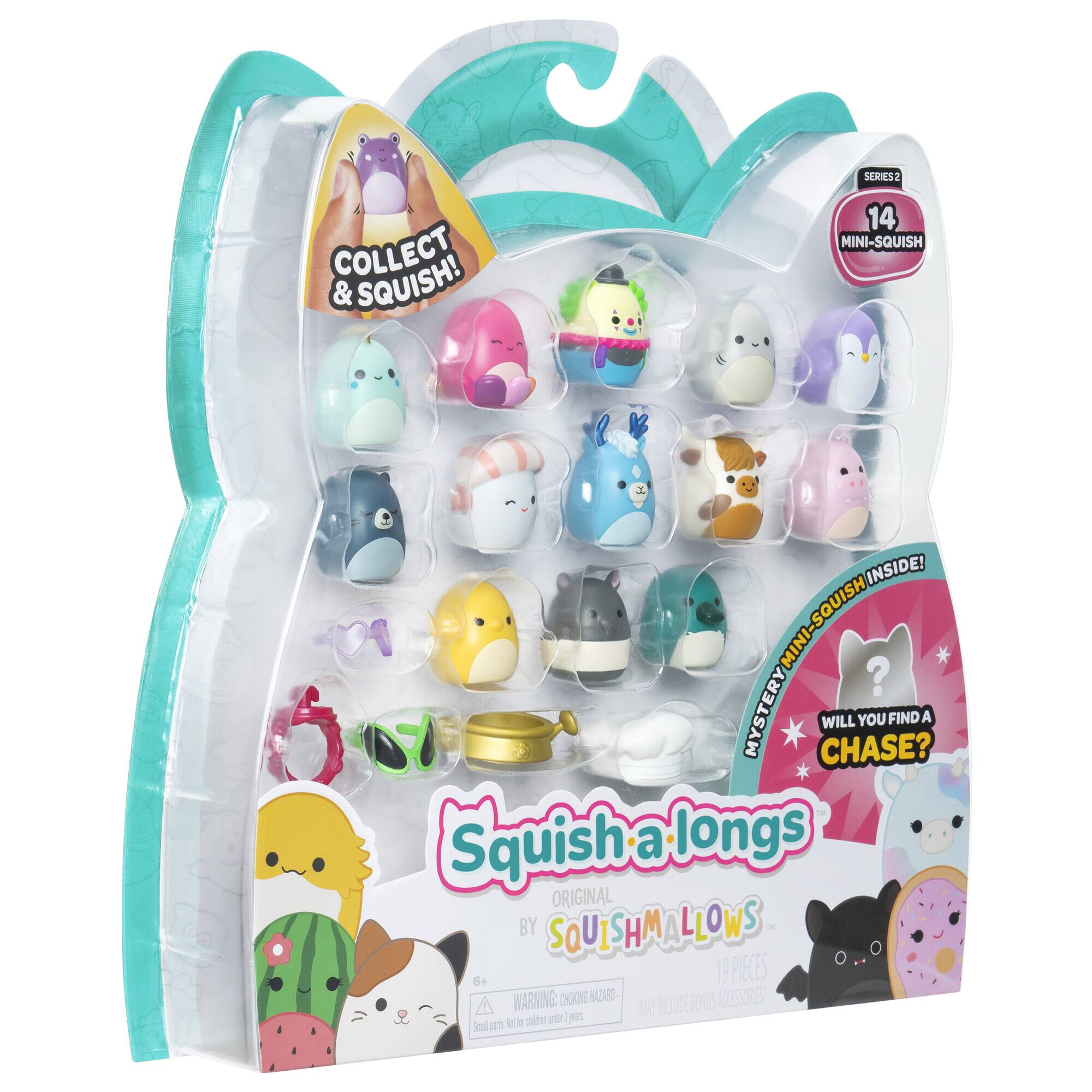 The image features a Squish a Longs toy set, which includes 14 mini-Squish toys and a collector's case. The toys are designed to be squished and squeezed, and they come in various colors and shapes. The set is intended for children aged 6 and up, and it comes with a warning to avoid choking hazards. The toys are packaged in a plastic case, making them easy to collect and transport.