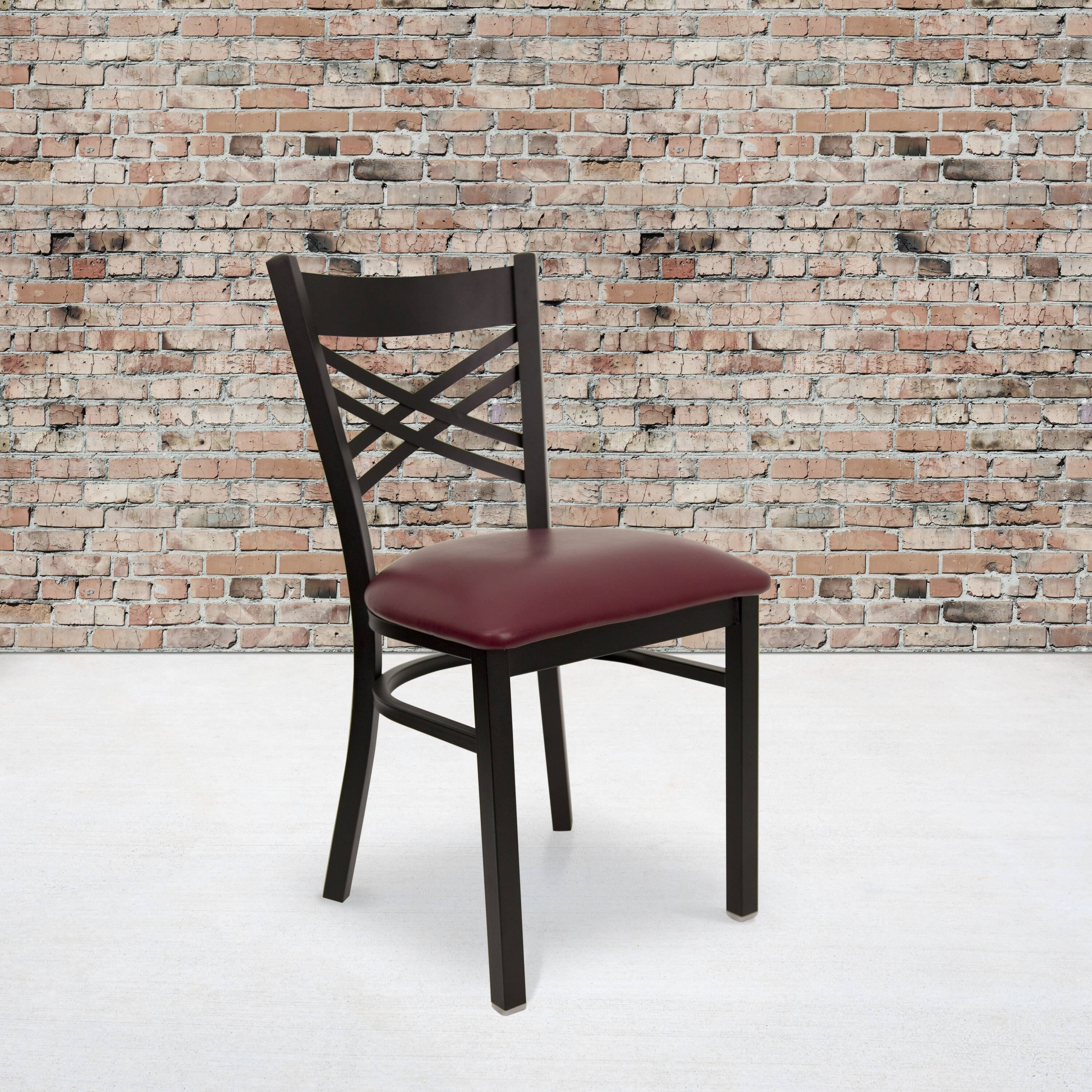 Alt View 2. Emma + Oliver - 2 Pack "X" Back Metal Restaurant Chair - Burgundy Vinyl Seat/Black Metal Frame.