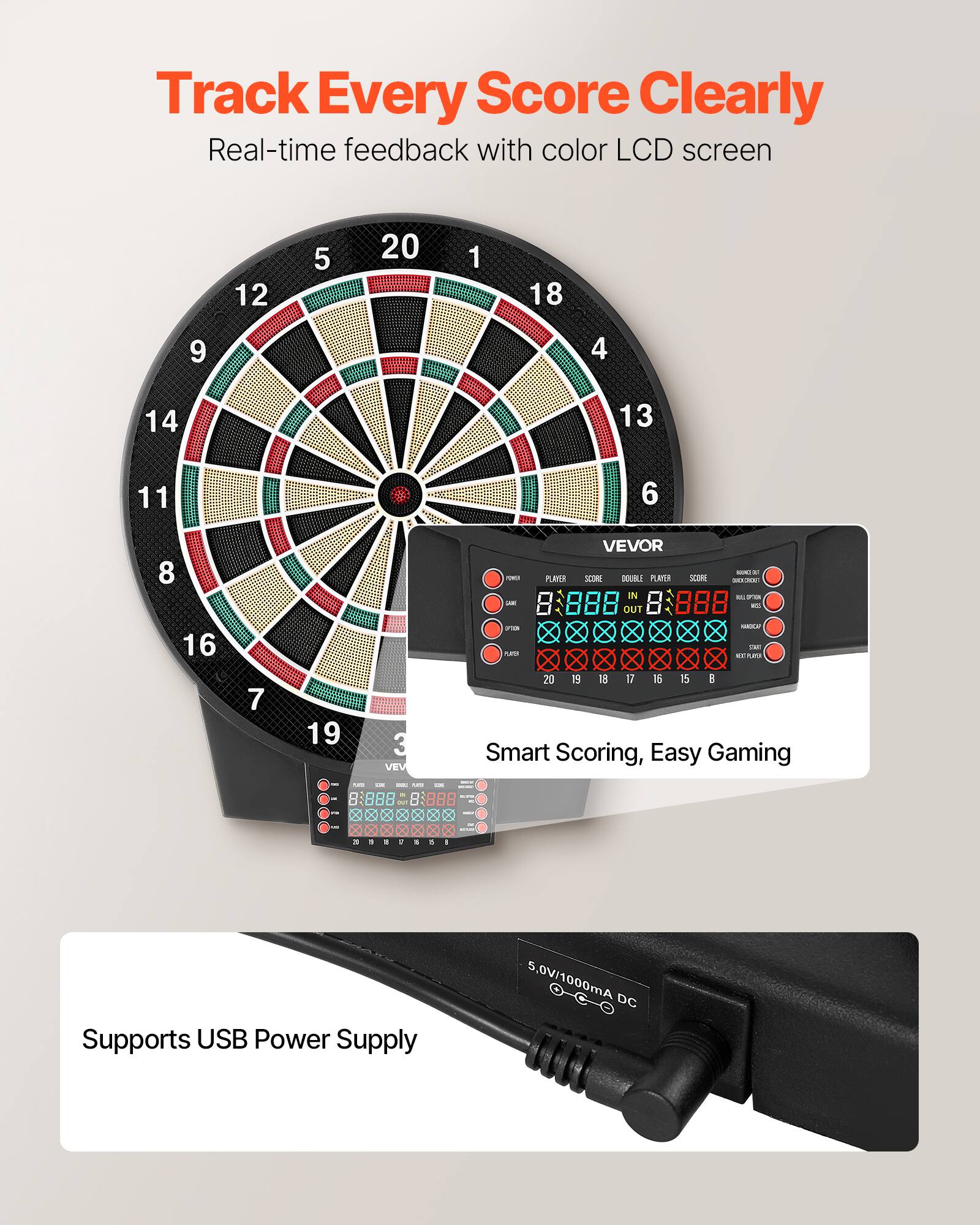 Track Every Score Clearly  
Real-time feedback with color LCD screen  

Smart Scoring, Easy Gaming  

Supports USB Power Supply 5.0V/1000mA DC
