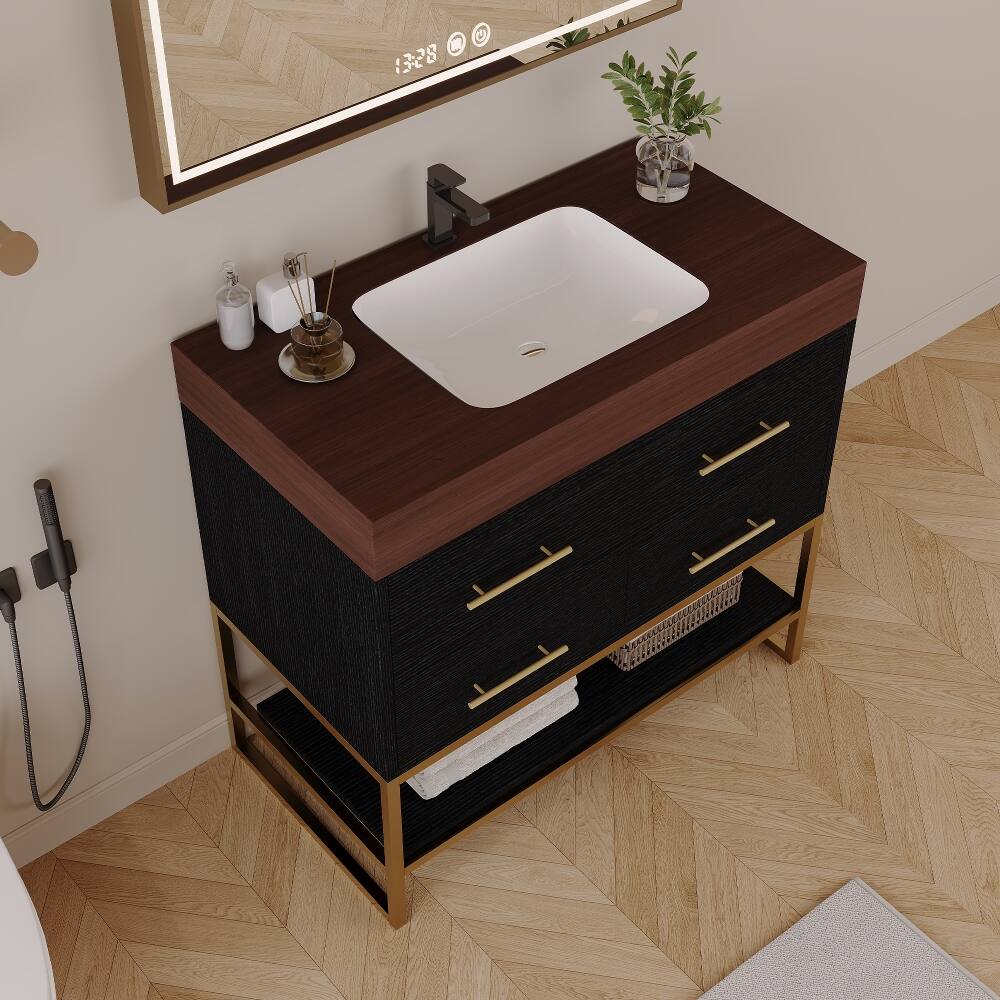 Back. Loheer - Loheer 36 inch bathroom vanity with sink, Freestanding bathroom sink cabinet, Sintered Stone Top, Black/Walnut - Black, Walnut.