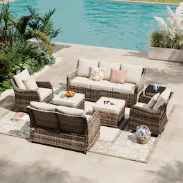 Yardgrace - 7 Pieces Patio Swivel Chair Set Wicker Sofa Rattan Conversation Three Seat Sofa 2 Ottomans Loveseat Lawn Backyard - Beige