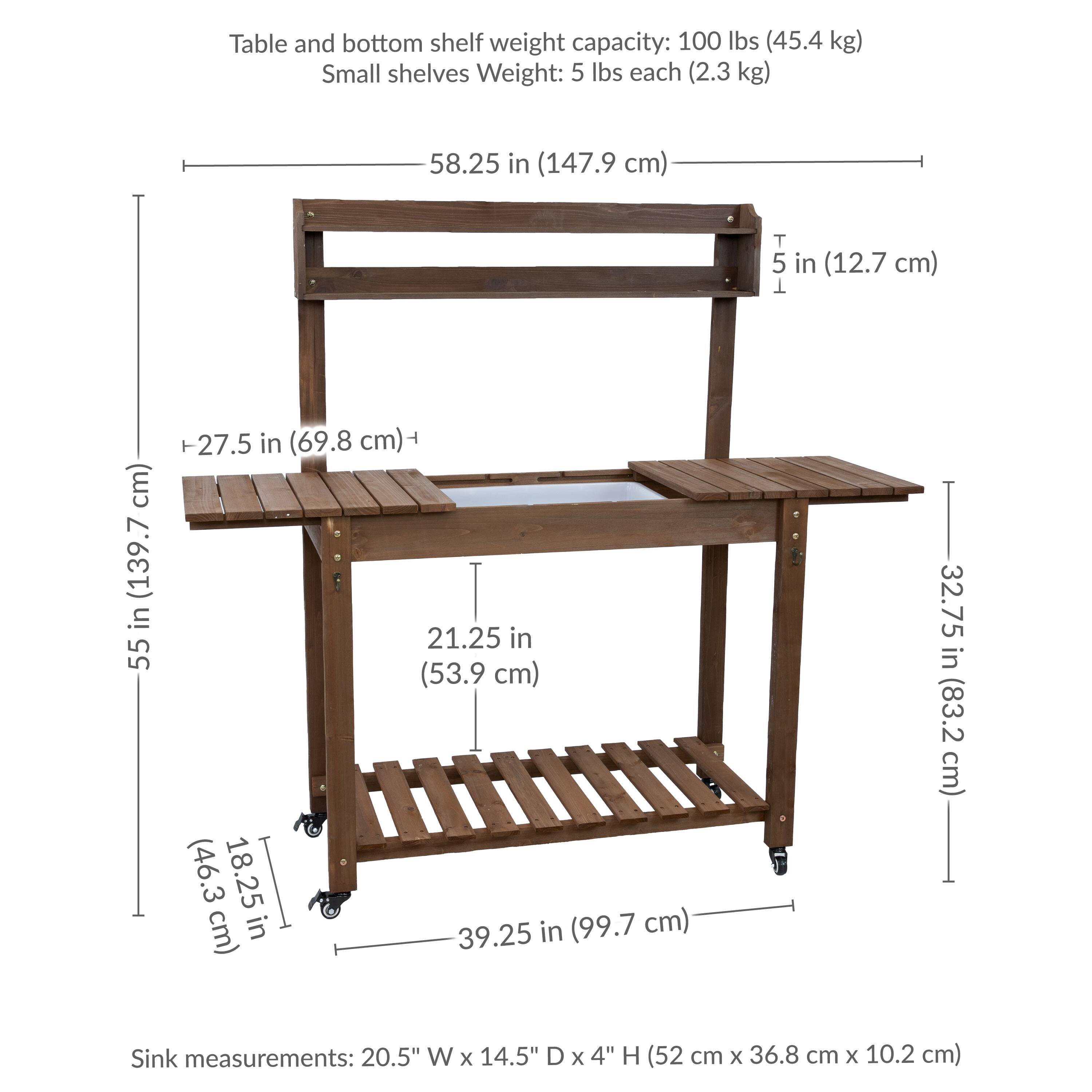 Table and bottom shelf weight capacity: 100 lbs (45.4 kg)  
Small shelves weight: 5 lbs each (2.3 kg)  

Dimensions:  
- Height: 58.25 in (147.9 cm)  
- Width: 55 in (139.7 cm)  
- Depth: 32.75 in (83.2 cm)  
- Shelf depth: 27.5 in (69.8 cm)  
- Shelf width: 21.25 in (53.9 cm)  
- Shelf height: 5 in (12.7 cm)  
- Sink measurements: 20.5" W x 14.5" D x 4" H (52 cm x 36.8 cm x 10.2 cm)