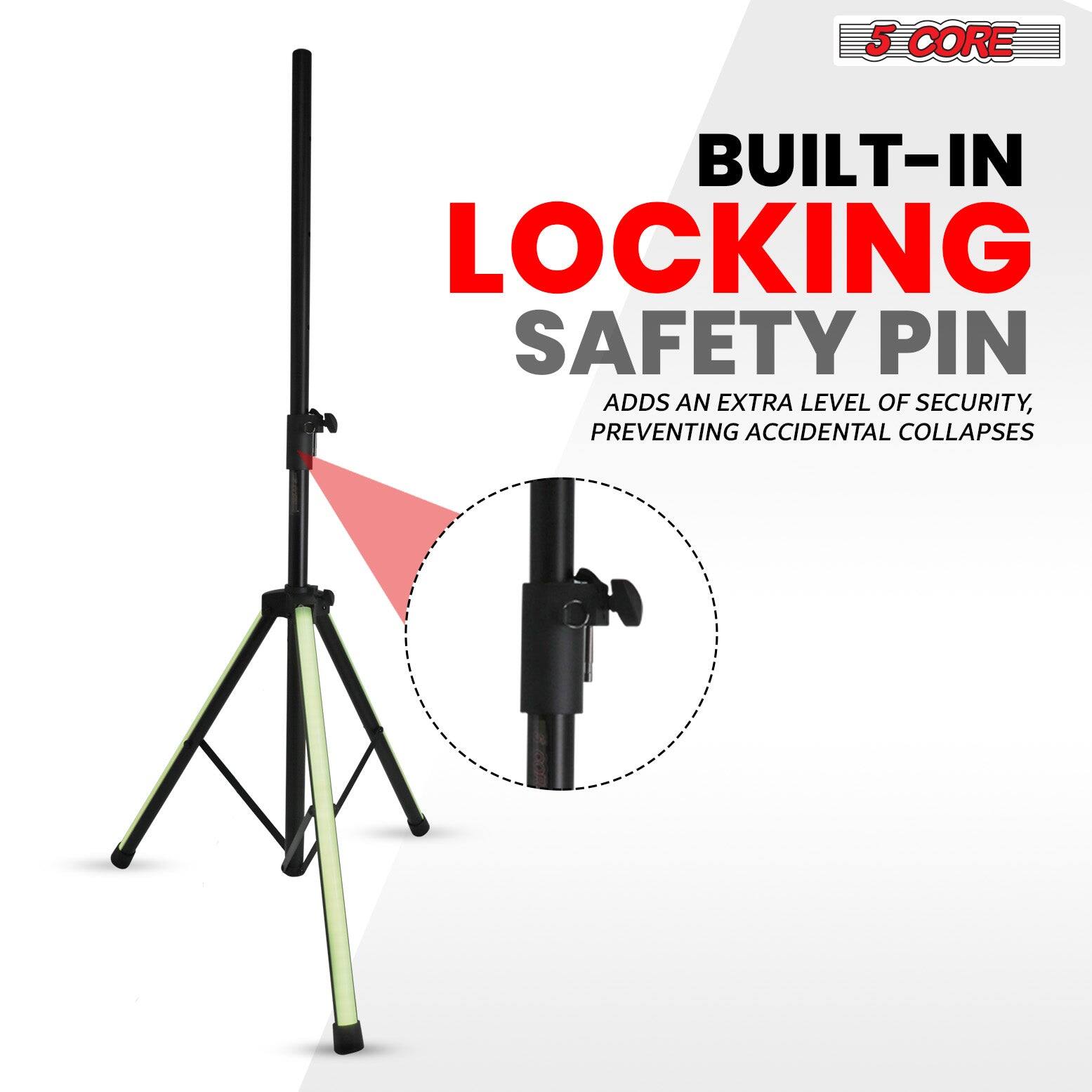 The text in the image can be grouped and corrected as follows:

**5 CORE BUILT-IN LOCKING SAFETY PIN ADDS AN EXTRA LEVEL OF SECURITY, PREVENTING ACCIDENTAL COLLAPSES**

**BUILT-IN LOCKING SAFETY PIN**
*PREVENTING ACCIDENTAL COLLAPSES*