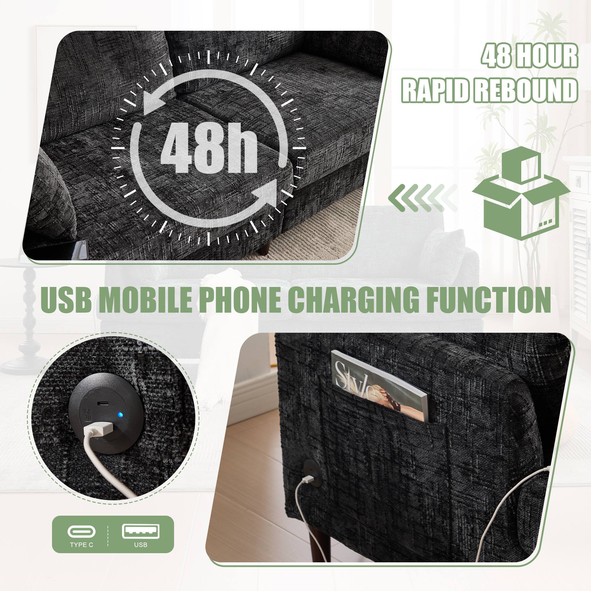 48h  
48 HOUR RAPID REBOUND  

USB MOBILE PHONE CHARGING FUNCTION  

TYPE C  
USB