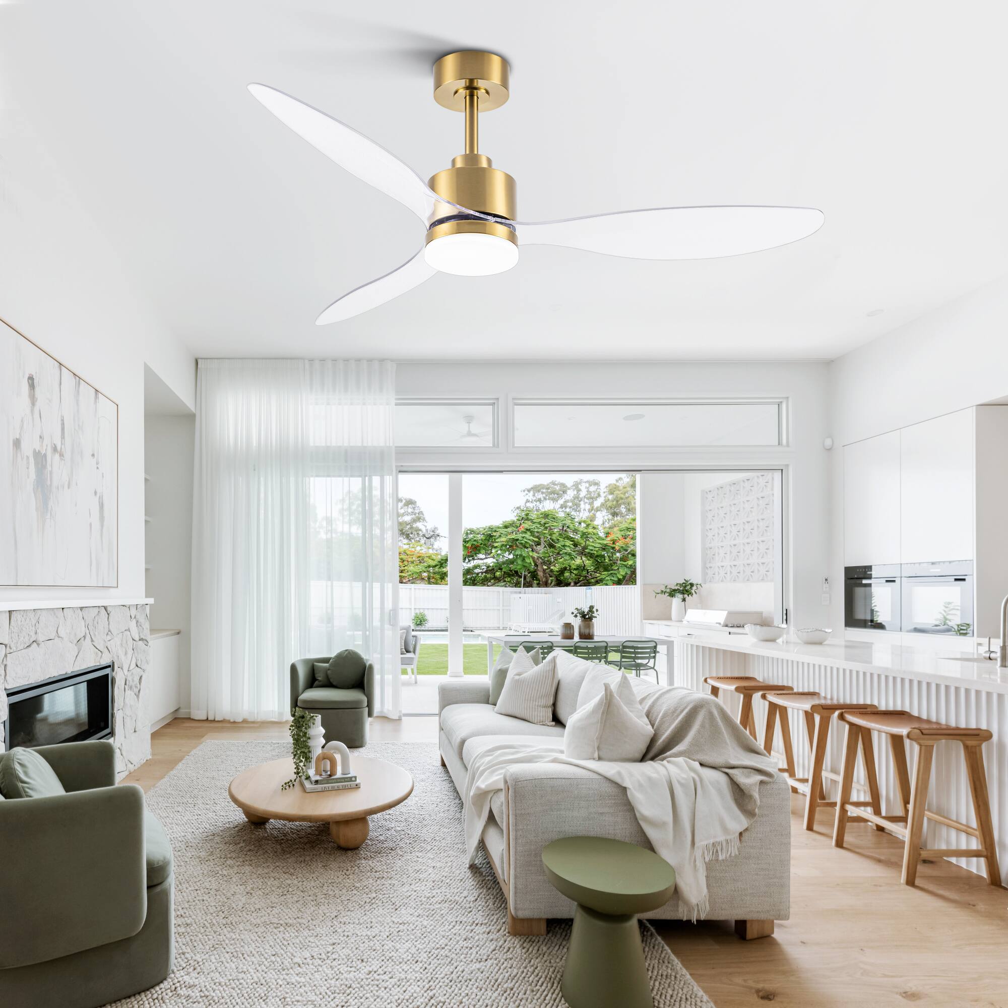 Alt View 7. Breezary - 52" Indoor Ceiling Fan, 3 ABS Blades, 6-Speed DC Motor, Remote Control, Memory/Timer, 3-Color LED Light, 5"/10" Downrods - Gold with Clear.