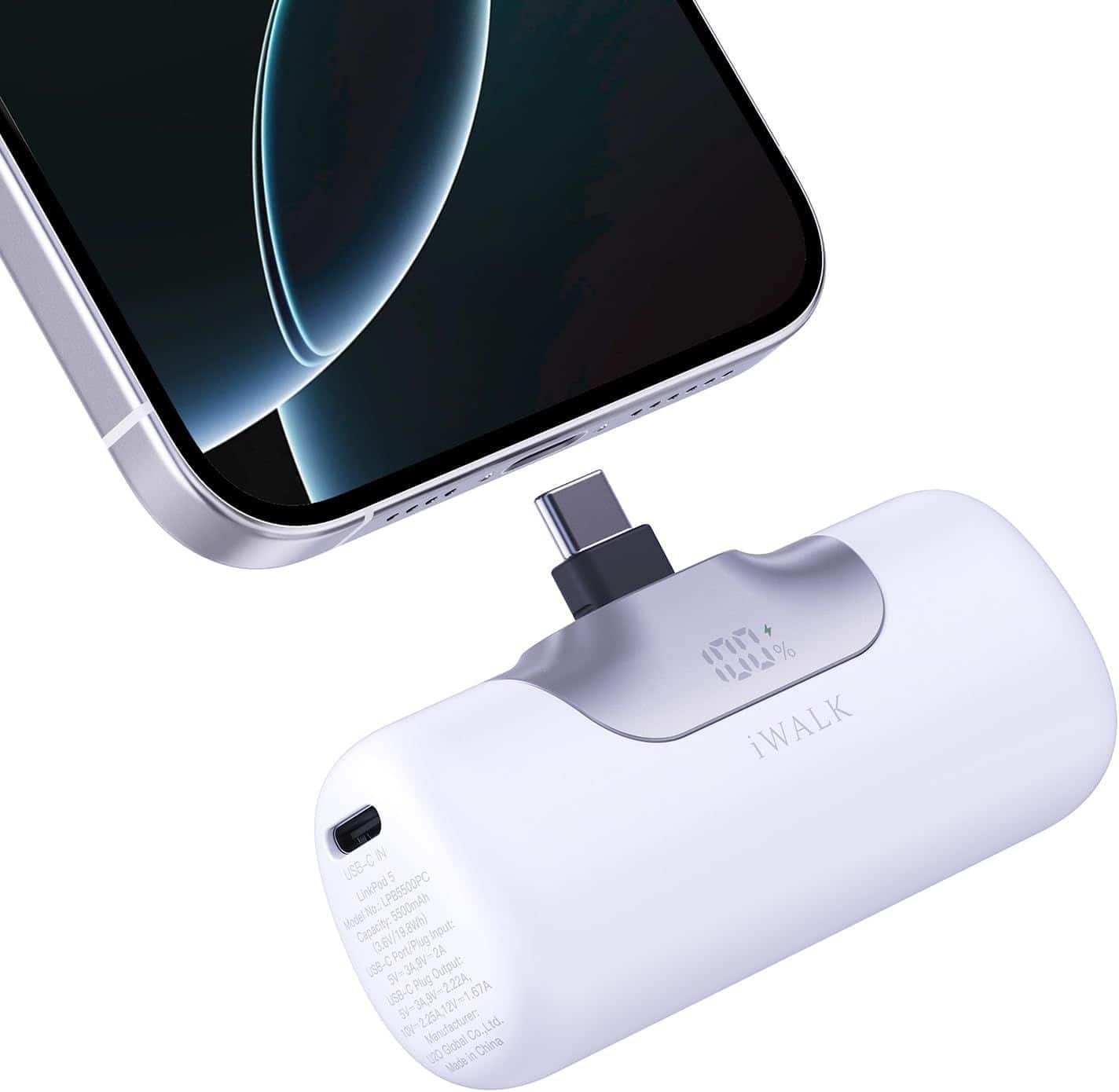 - P-- 11.111% iWALK USB-C 5 LinkPod5 LPB5500PC  
Model No.: 5500mAh  
Capacity: 3.6V/19.8Wh  
Input: USB-C Port/Plug 5V-2A  
Output: USB-C 5V-3A, 9V-2.22A, 12V-1.67A  
Manufacturer: Co., Ltd.  
Made in China  

USB-C IN  
Model No.: LPB5500PC  
Capacity: 5500mAh  
Input: 5V-2A, 9V-2A, 12V-1.67A  
Output: 5V-3A, 9V-2.22A, 12V-2.25A  
Input: USB-C Port/Plug  
Output: USB-C  
Manufacturer: Globel Co., Ltd.  
Made in China