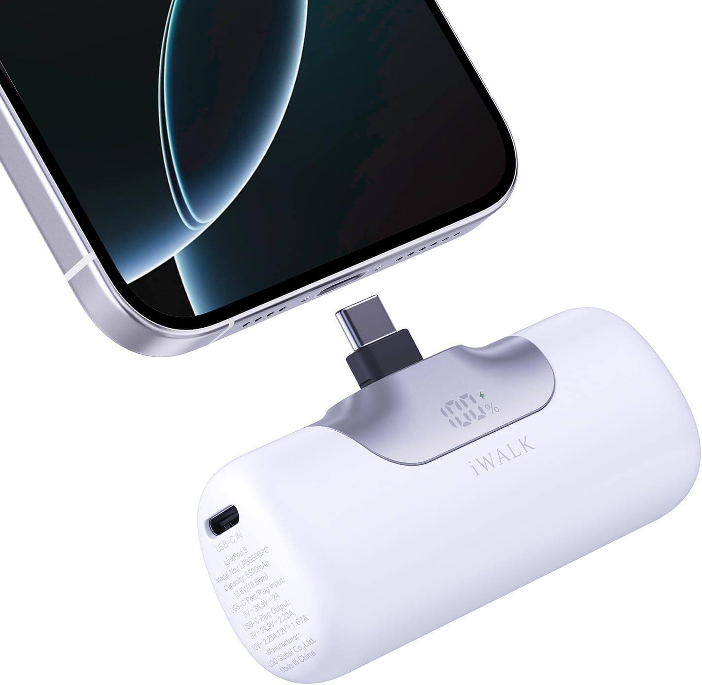 - P-- 11.111% iWALK USB-C 5 LinkPod5 LPB5500PC  
Model No.: 5500mAh  
Capacity: 3.6V/19.8Wh  
Input: USB-C Port/Plug 5V-2A  
Output: USB-C 5V-3A, 9V-2.22A, 12V-1.67A  
Manufacturer: Co., Ltd.  
Made in China  

USB-C IN  
Model No.: LPB5500PC  
Capacity: 5500mAh  
Input: 5V-2A, 9V-2A, 12V-1.67A  
Output: 5V-3A, 9V-2.22A, 12V-2.25A  
Input: USB-C Port/Plug  
Output: USB-C  
Manufacturer: Globel Co., Ltd.  
Made in China