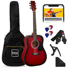 Best Choice Products - 41in Full Size All-Wood Acoustic Guitar Starter Kit w/Gig Bag, E-Tuner, Pick, Strap - Red Burst