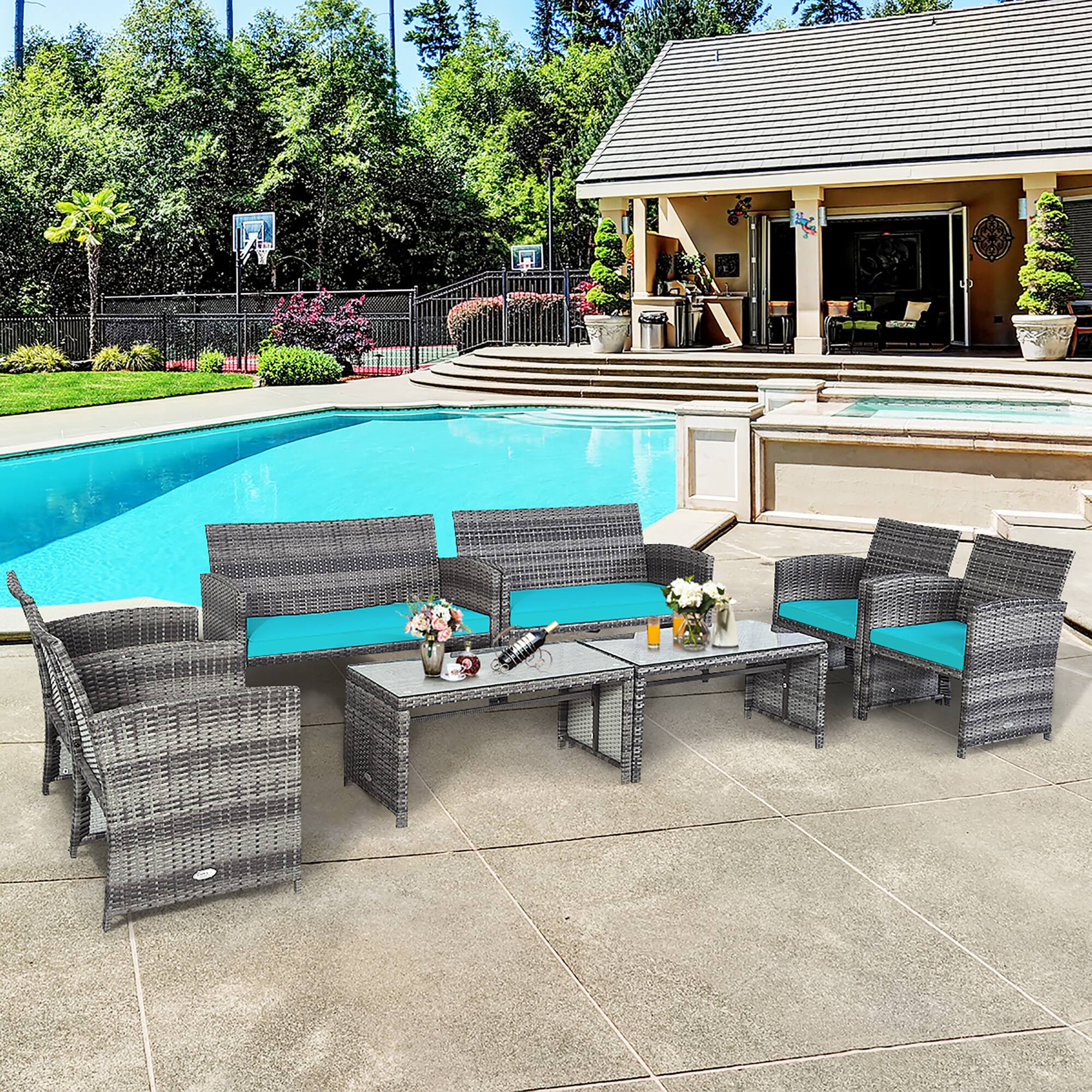 Alt View 1. Costway - Costway 8PCS Patio Rattan Furniture Set Glass Table Top Cushioned Sofa - Turquoise.