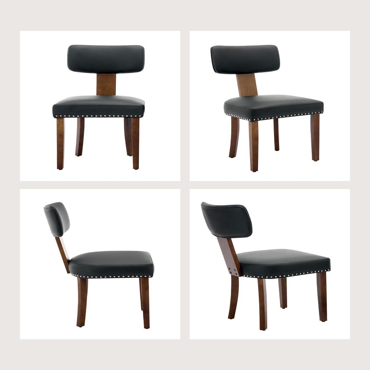 Back. Acekool - 2-Pack Mid-Century Modern Upholstered Dining Chairs - Farmhouse PU Leather Padded, Hardwood Frame with Curved - Black.