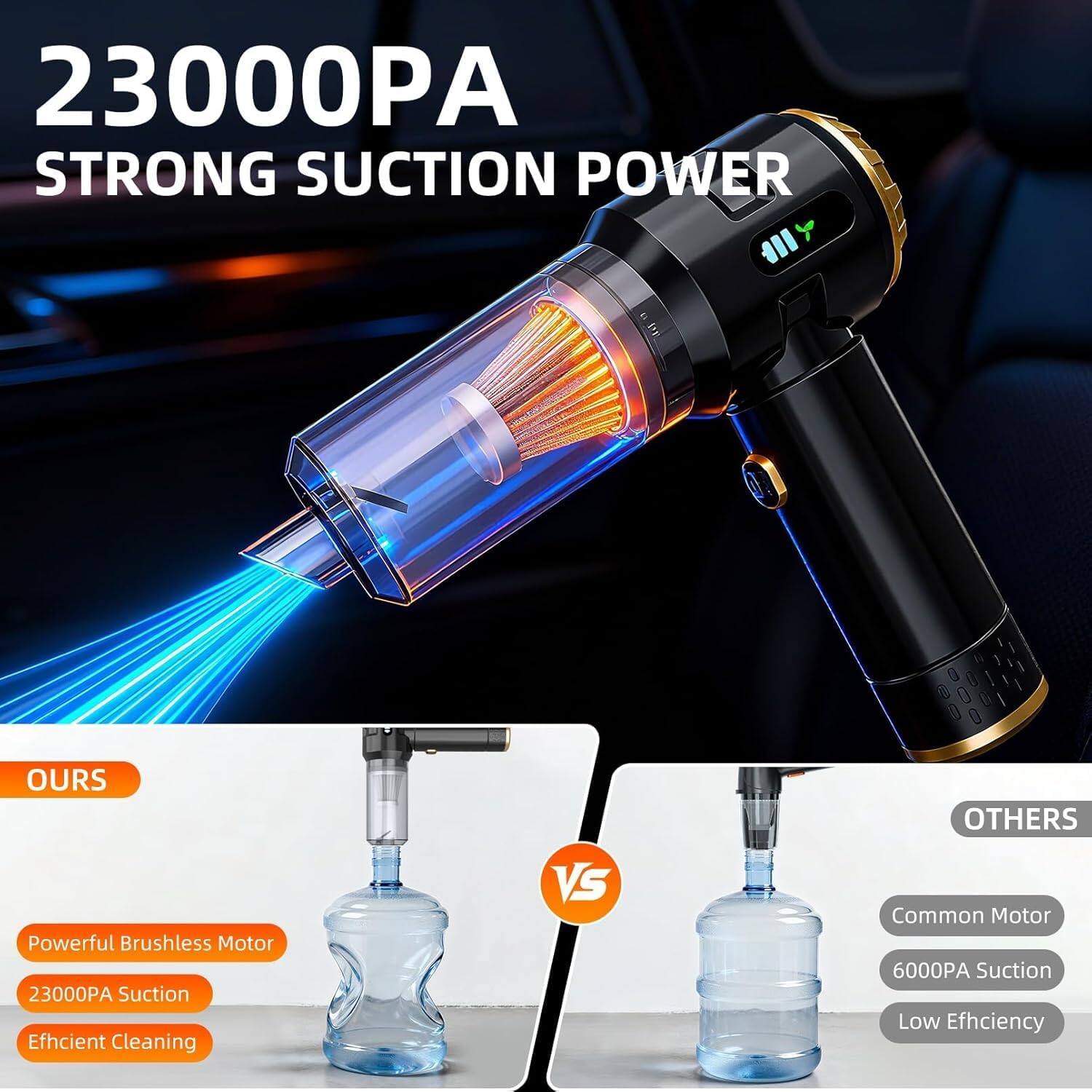 23000PA STRONG SUCTION POWER

OUR Powerful Brushless Motor
23000PA Suction
Efficient Cleaning

VS

OTHERS Common Motor
6000PA Suction
Low Efficiency