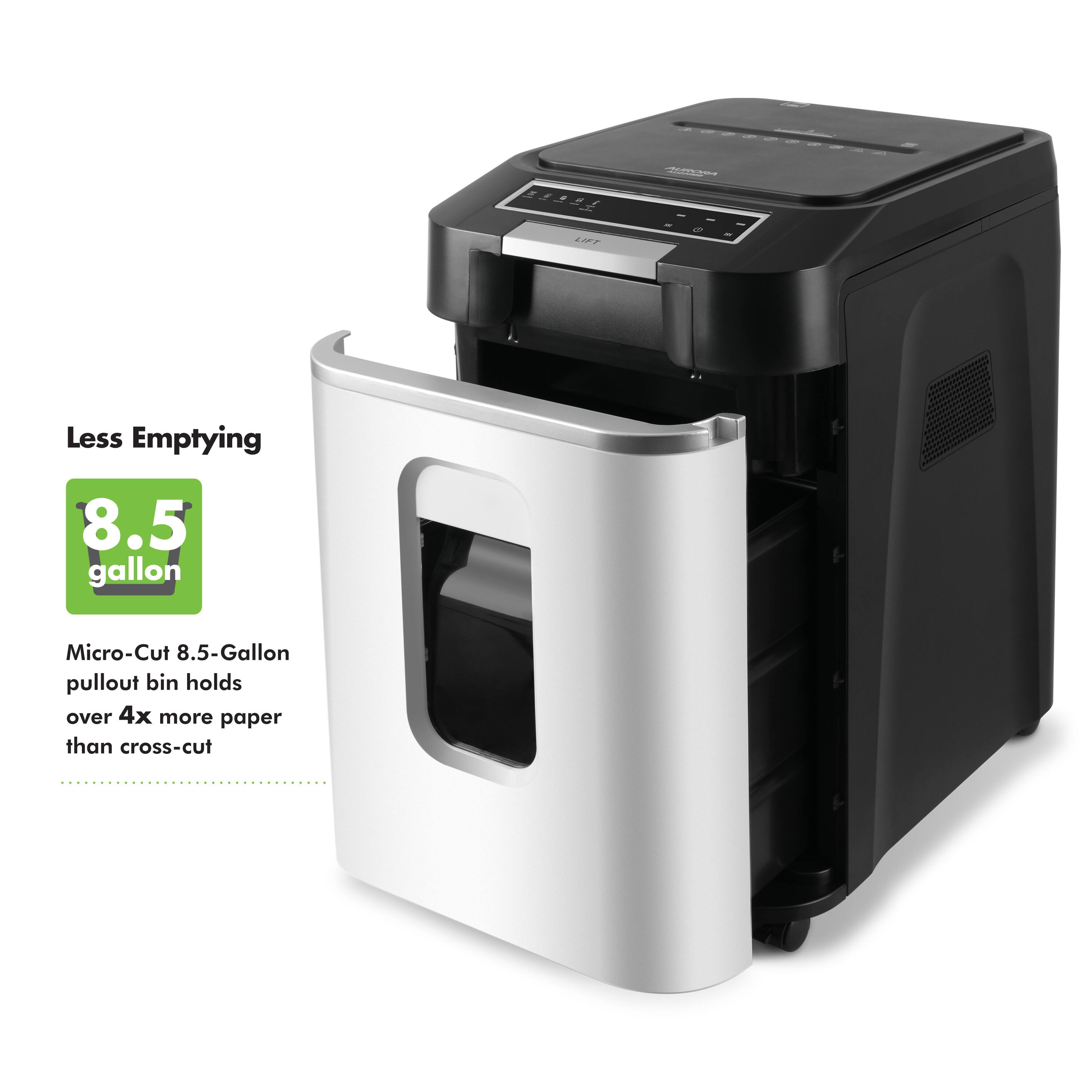 Less Emptying

8.5 gallon

Micro-Cut 8.5-Gallon pullout bin holds over 4x more paper than cross-cut