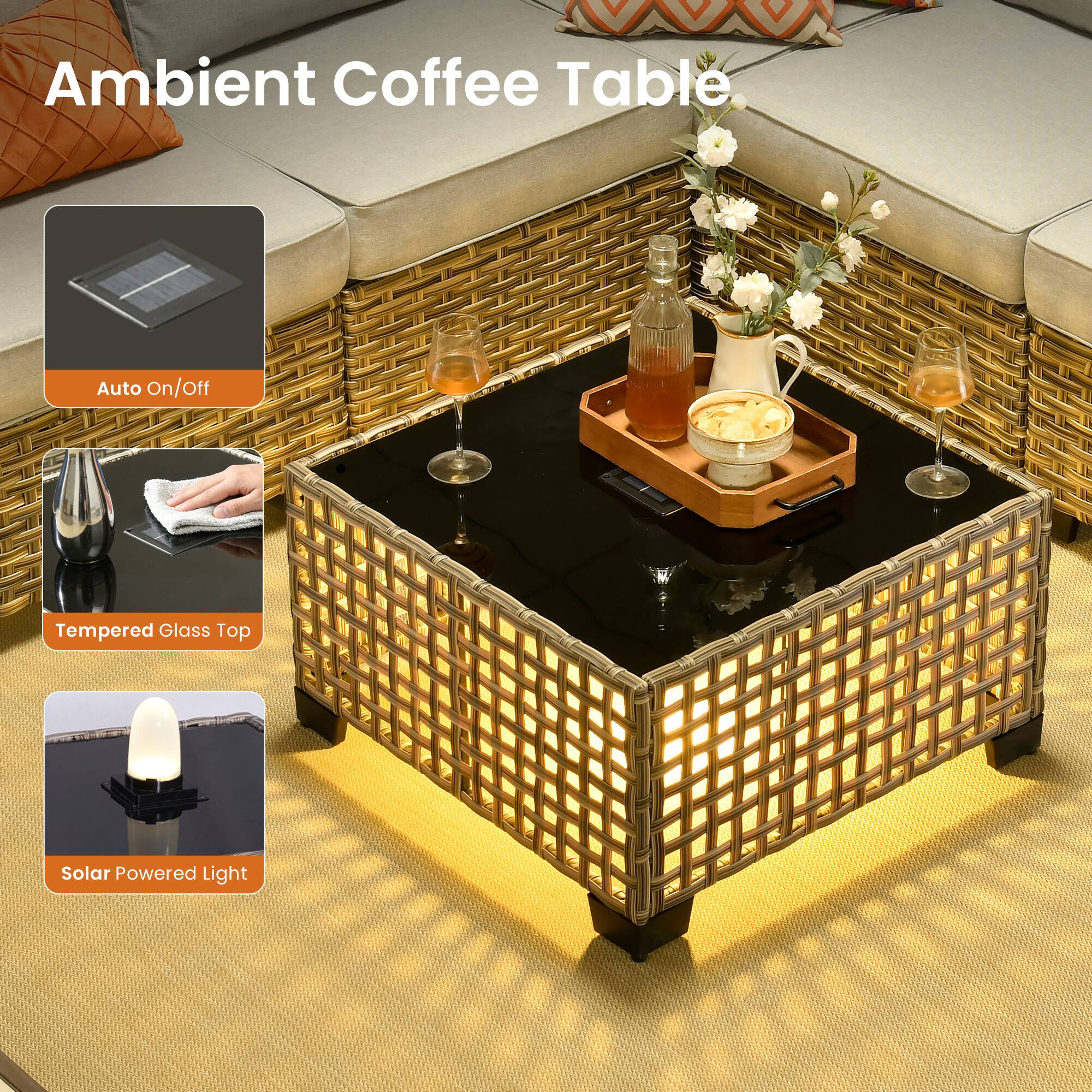 Ambient Coffee Table

- Auto On/Off
- Tempered Glass Top
- Solar Powered Light
